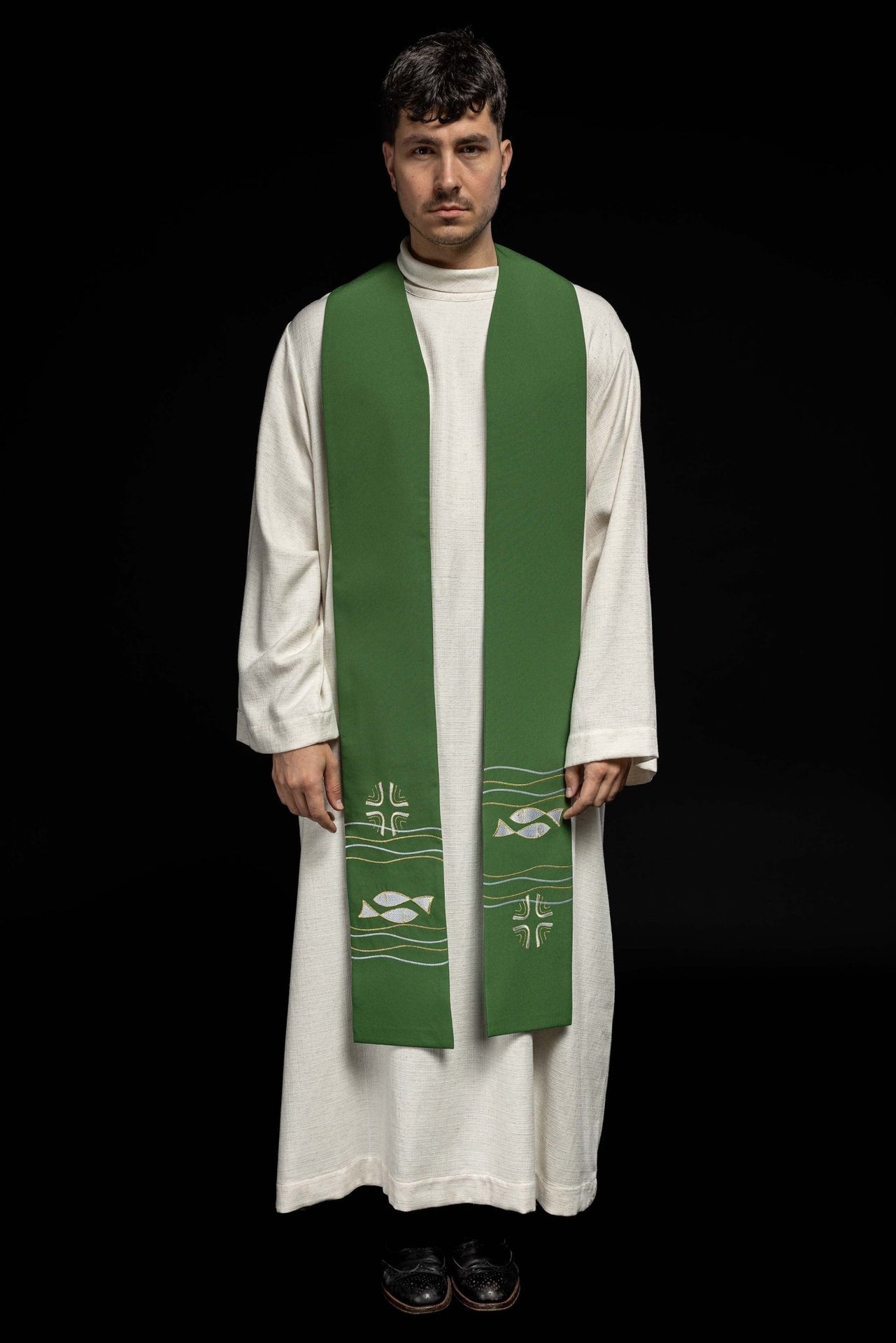 Stuła kapłańska haftowana Ryby Zielona