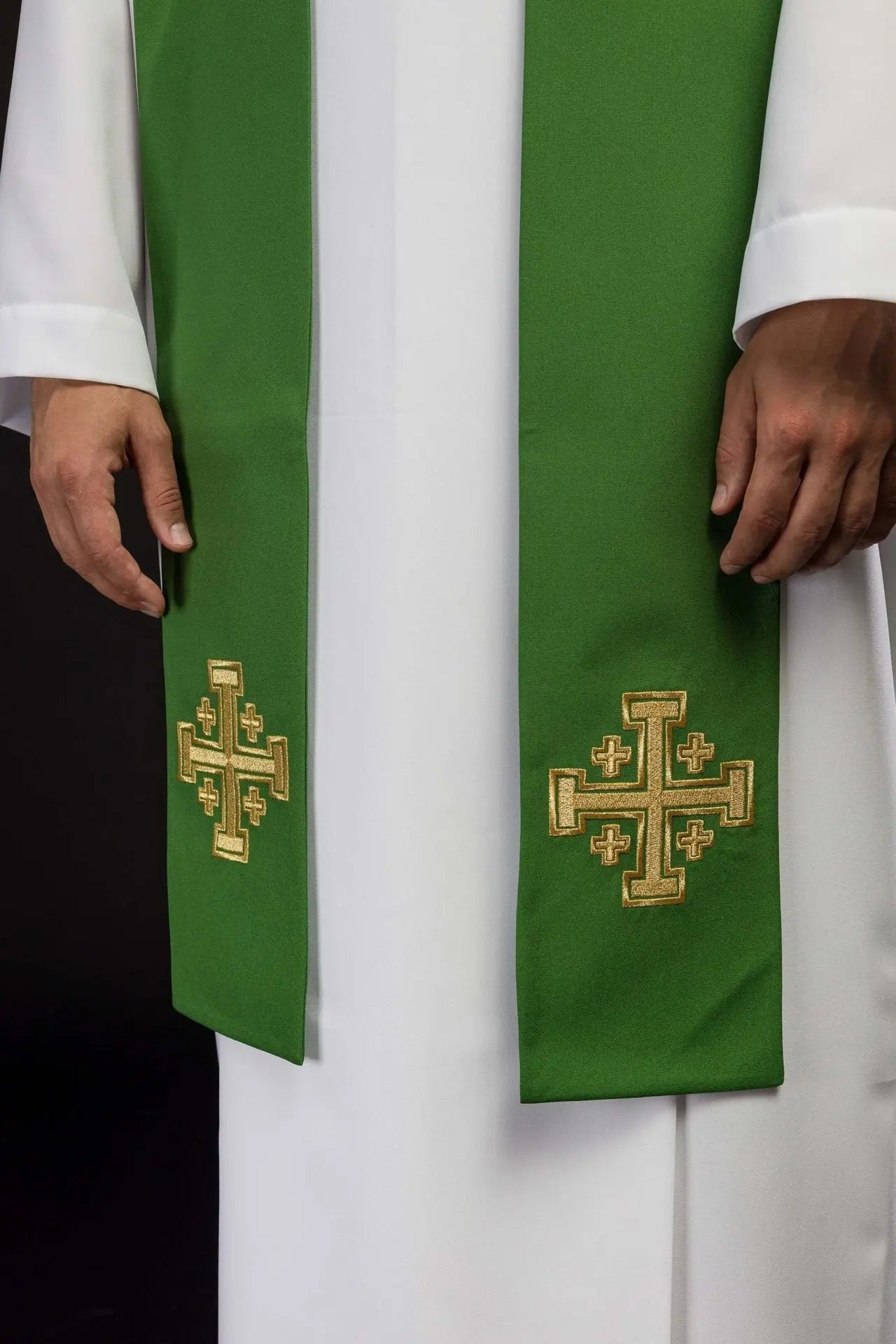 Embroidered green priest's stole Jerusalem cross