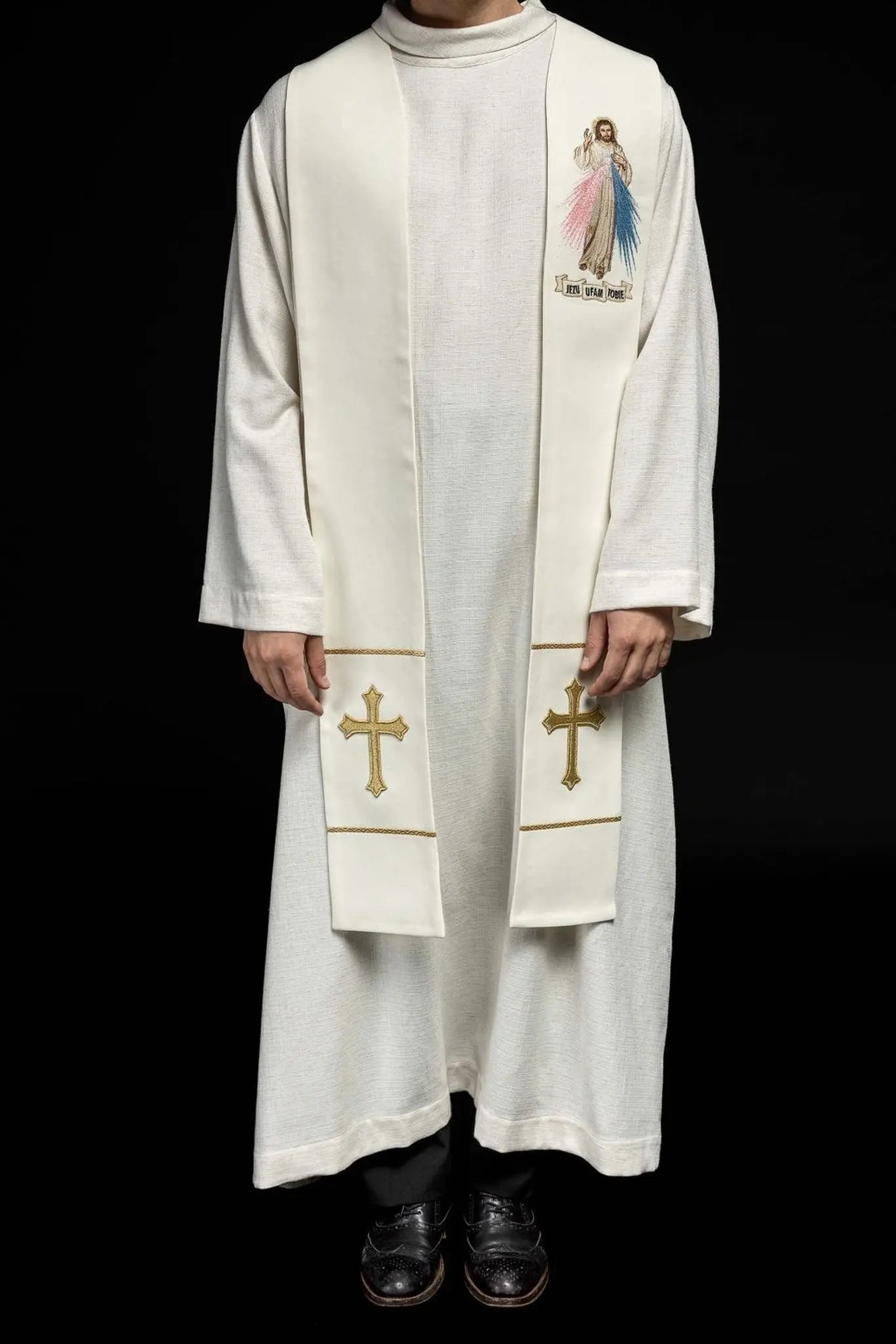 Priestly stole Merciful Jesus, Jesus I trust in you ecru
