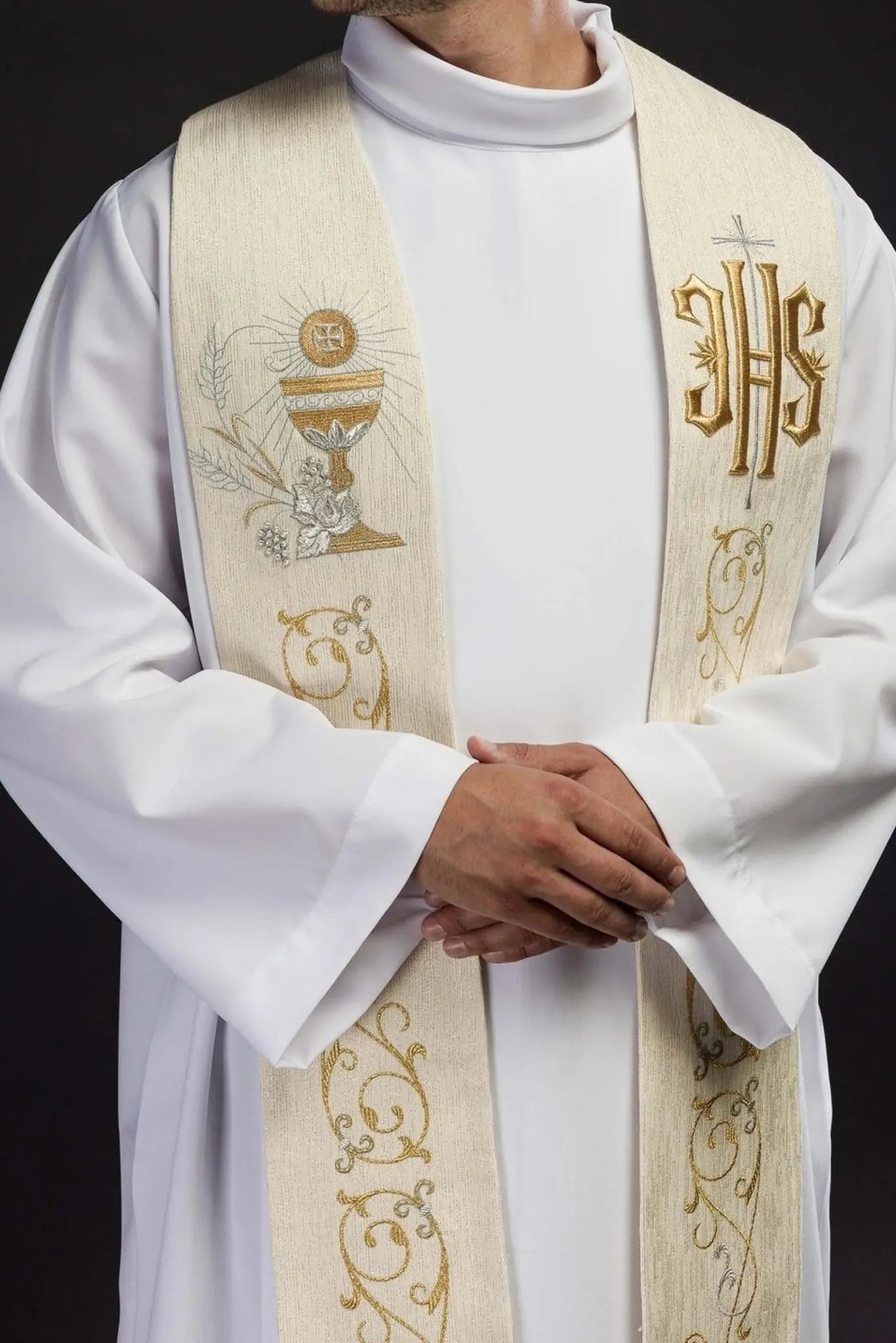 Priest's stole with embroidered IHS and Eucharistic chalice ecru