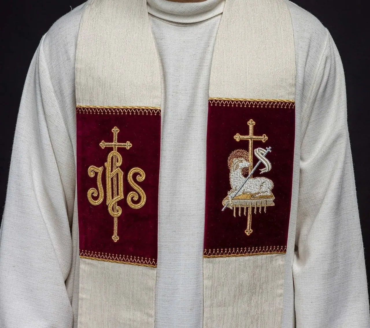 Stole with Embroidered Lamb of God and JHS Symbol