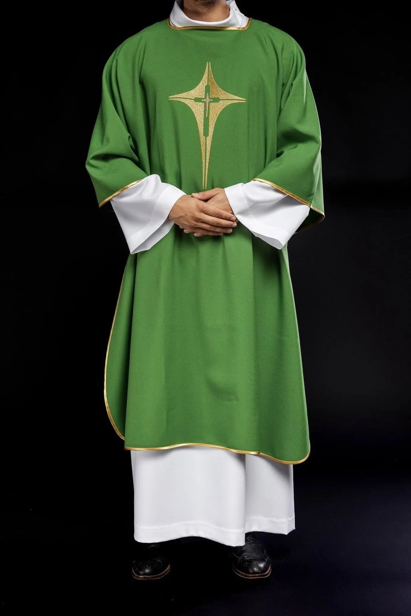 Green Dalmatian with embroidered gold cross