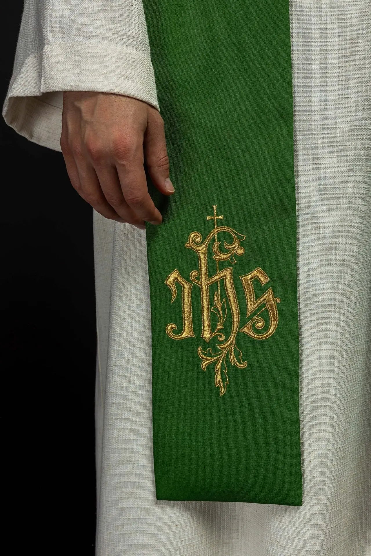 Green stole with IHS embroidery