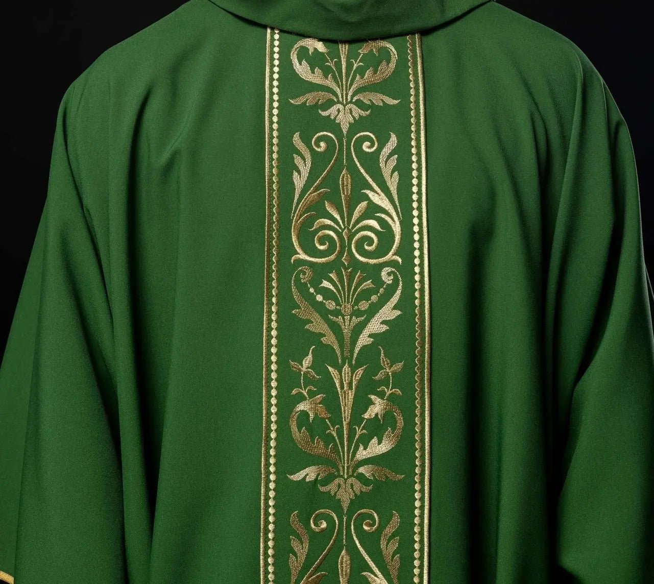 Green liturgical chasuble decorated with gold embroidered belt