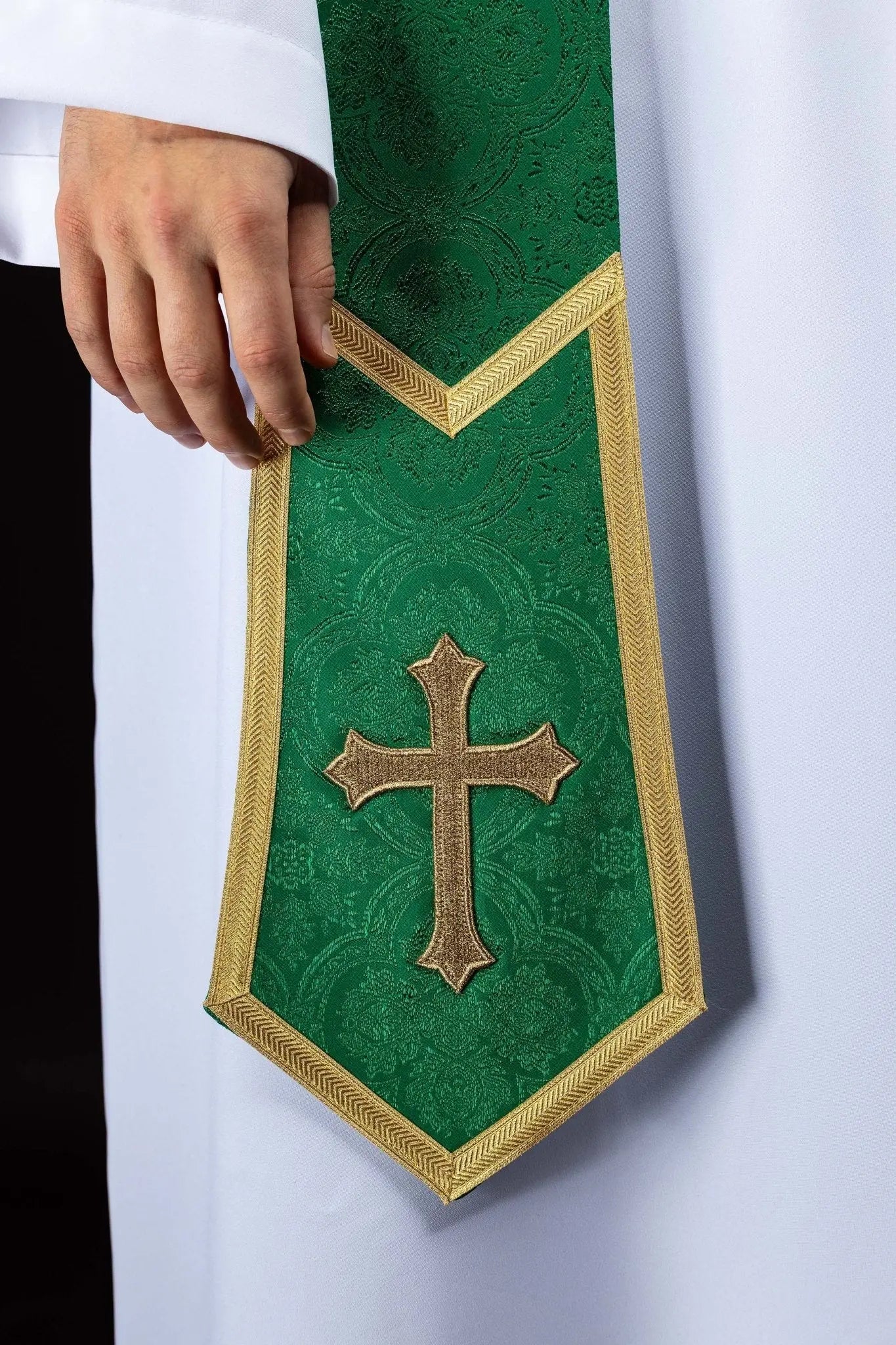 Green Jacquard Stole with Embroidered Cross