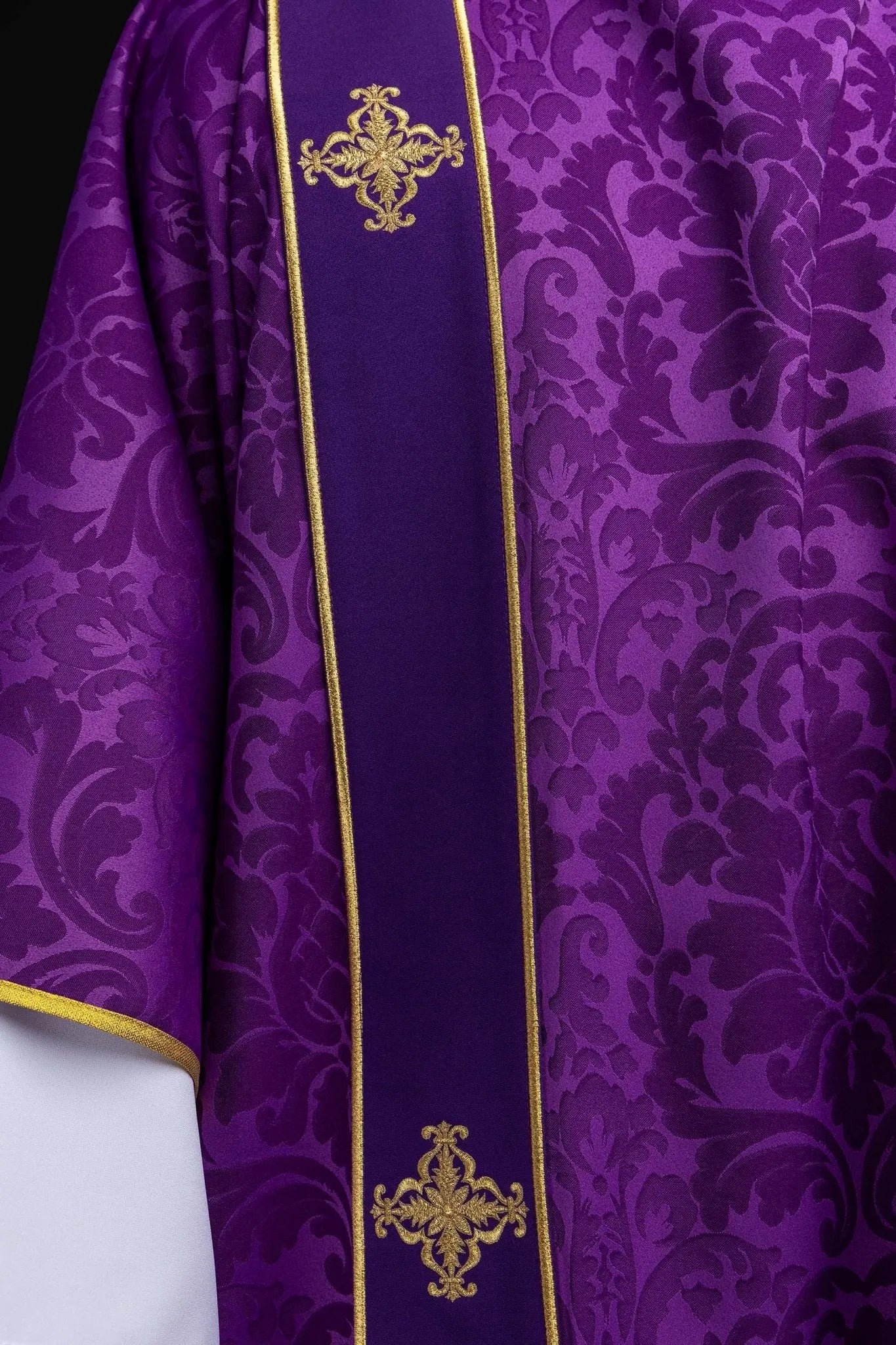 Purple Jacquard Dalmatic with Gold Cross Embroidery