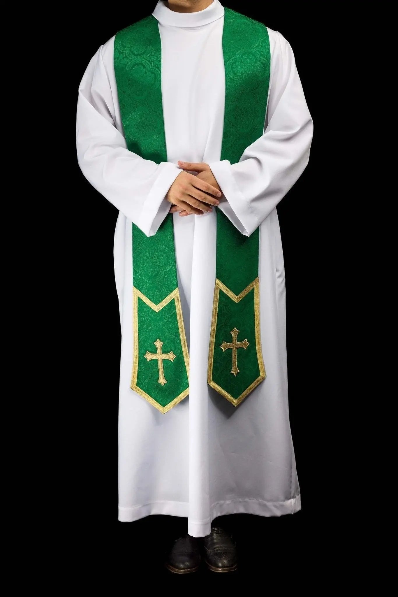 Green Jacquard Stole with Embroidered Cross