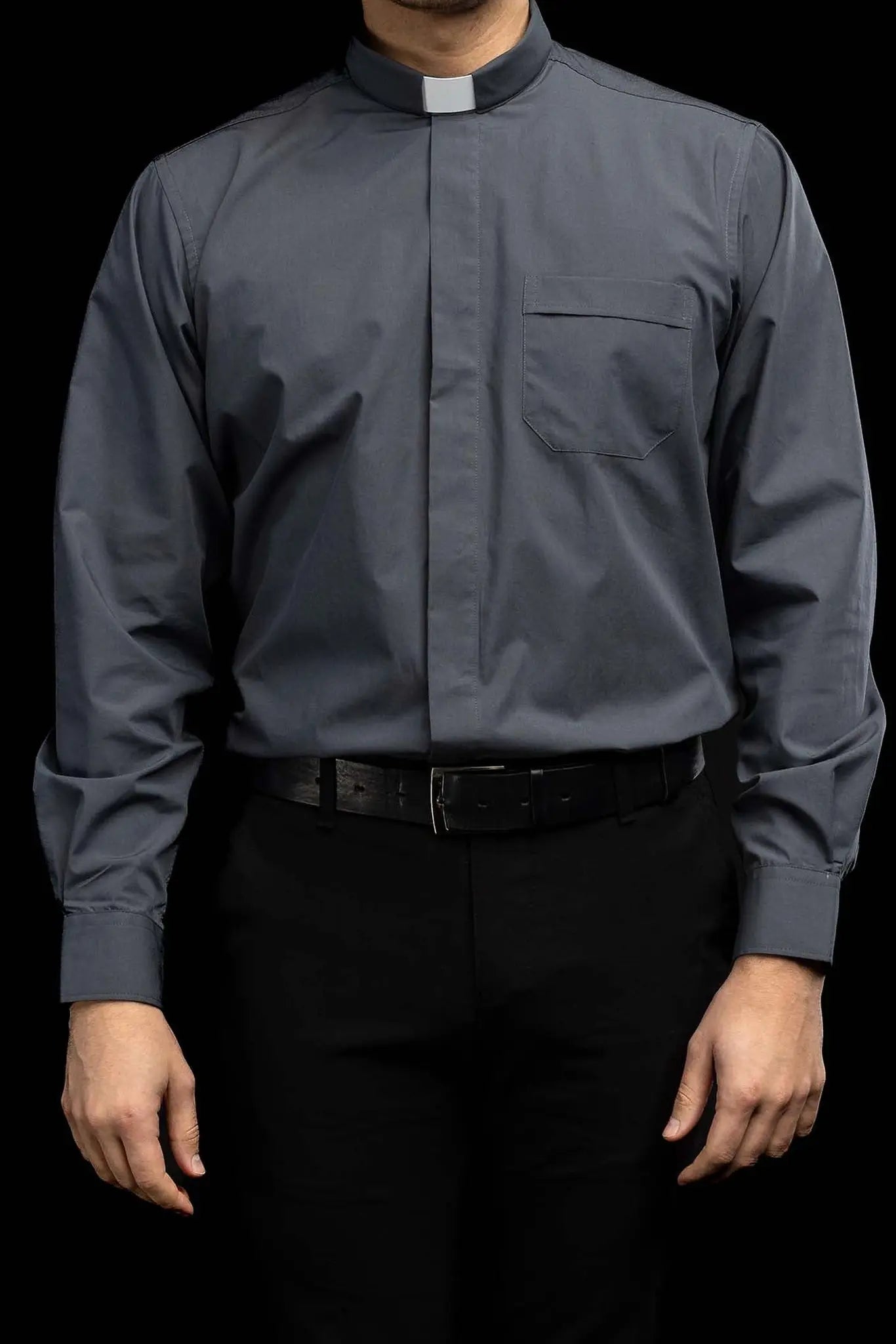 Clergy Shirt Dark Gray Long Sleeve with Collar Tab