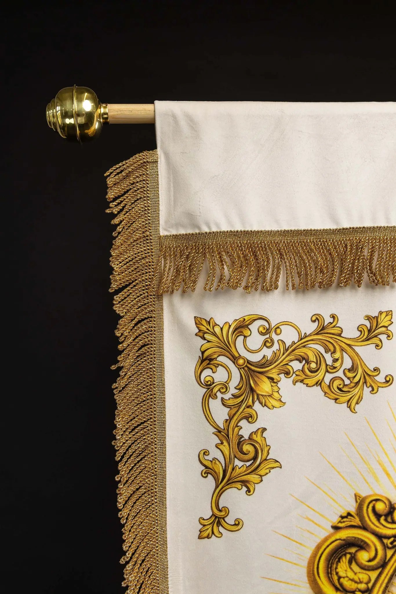 Double-sided printed processional banner featuring the Sacred Heart of Jesus on one side and the IHS symbol on the other, with gold ornamentation.