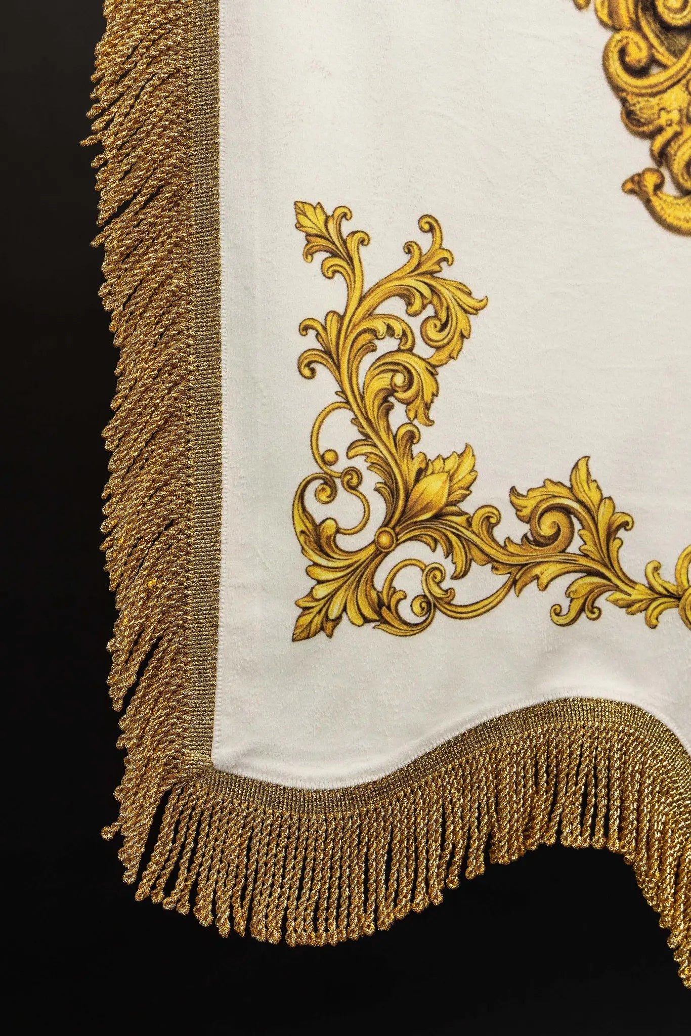 Double-sided printed processional banner featuring the Sacred Heart of Jesus on one side and the IHS symbol on the other, with gold ornamentation.