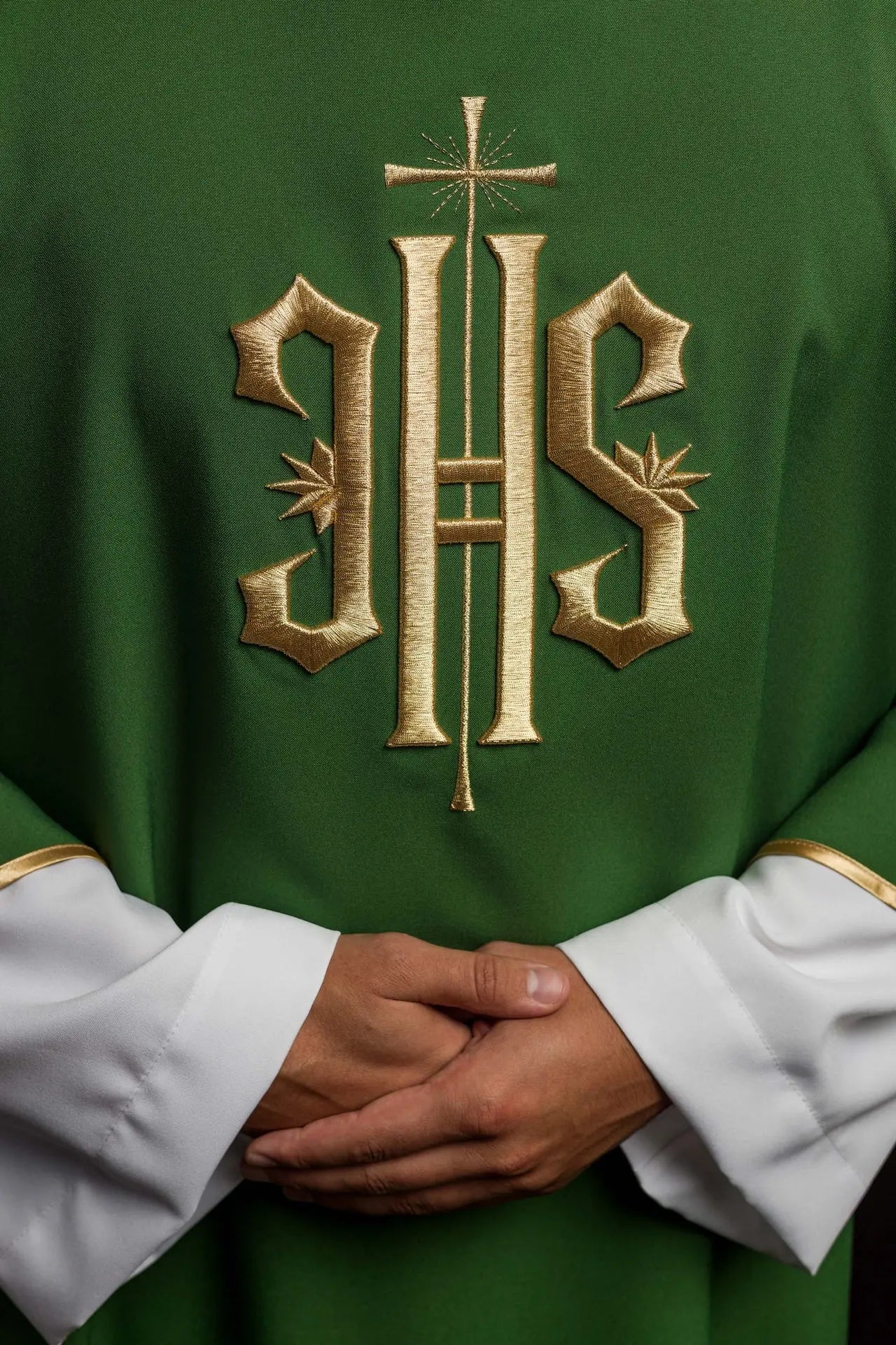 Green Dalmatian with embroidered gold IHS