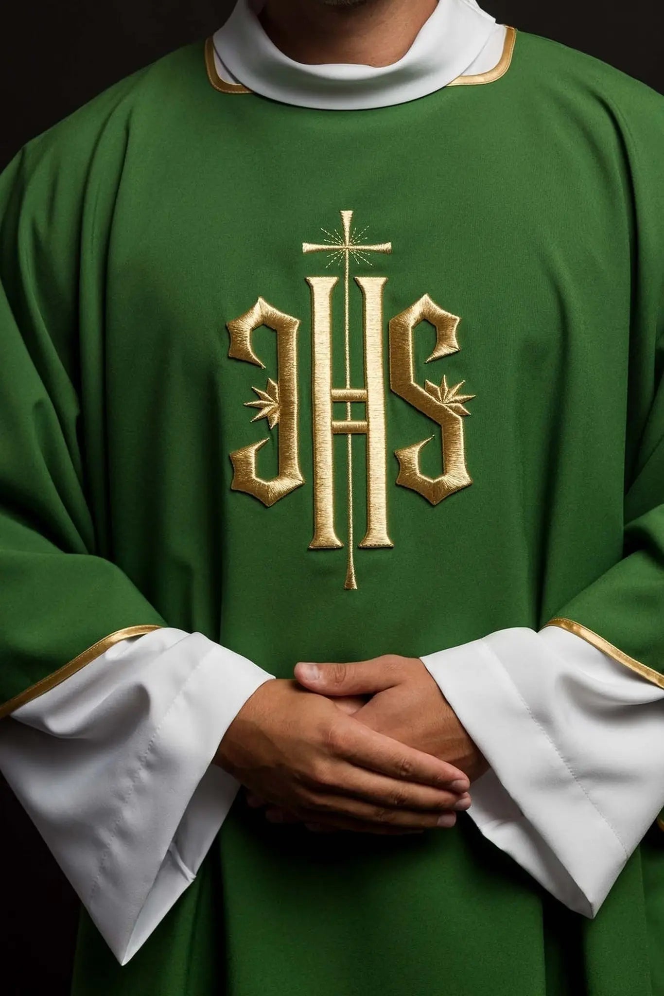 Green Dalmatian with embroidered gold IHS