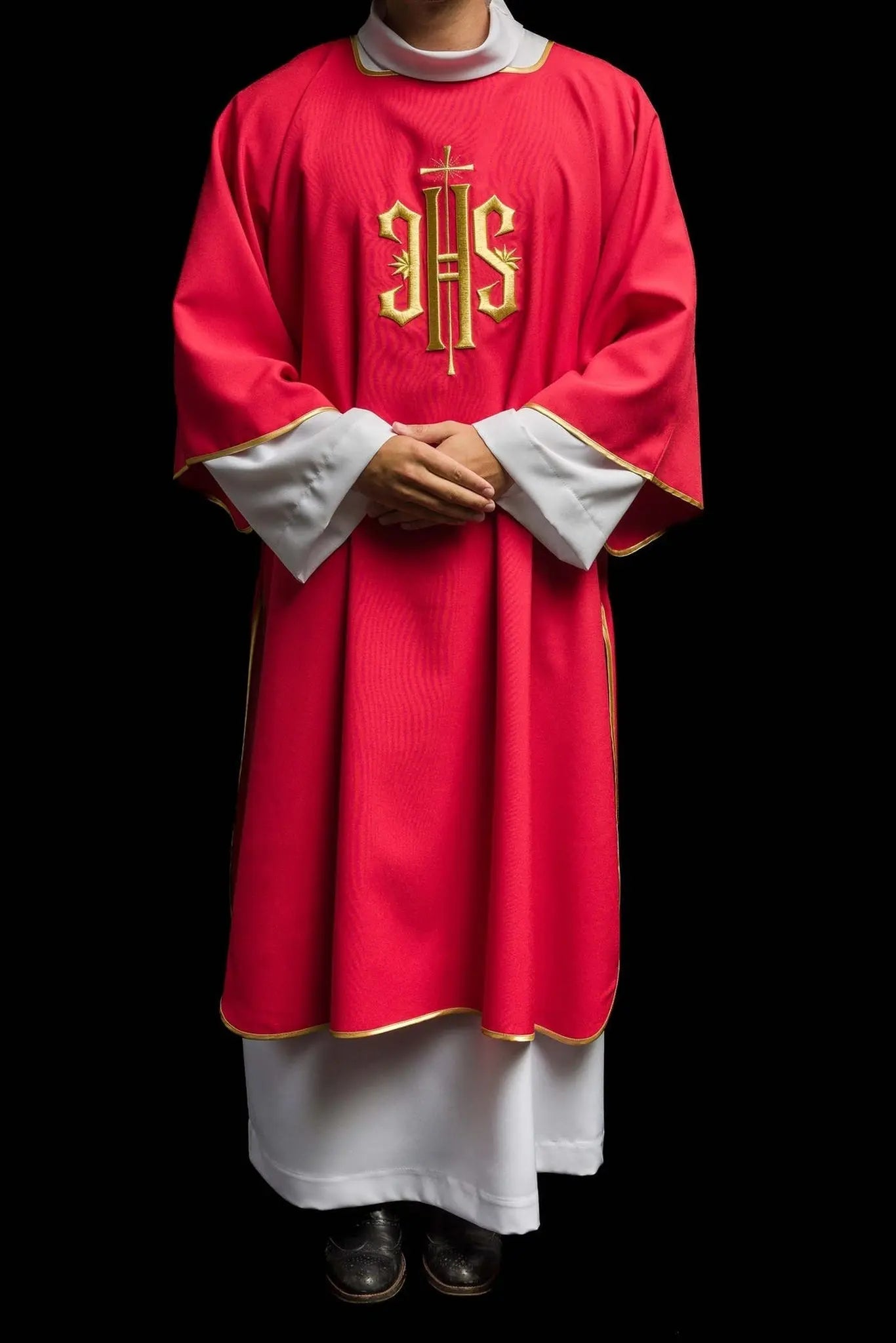Red Dalmatics with embroidered gold IHS