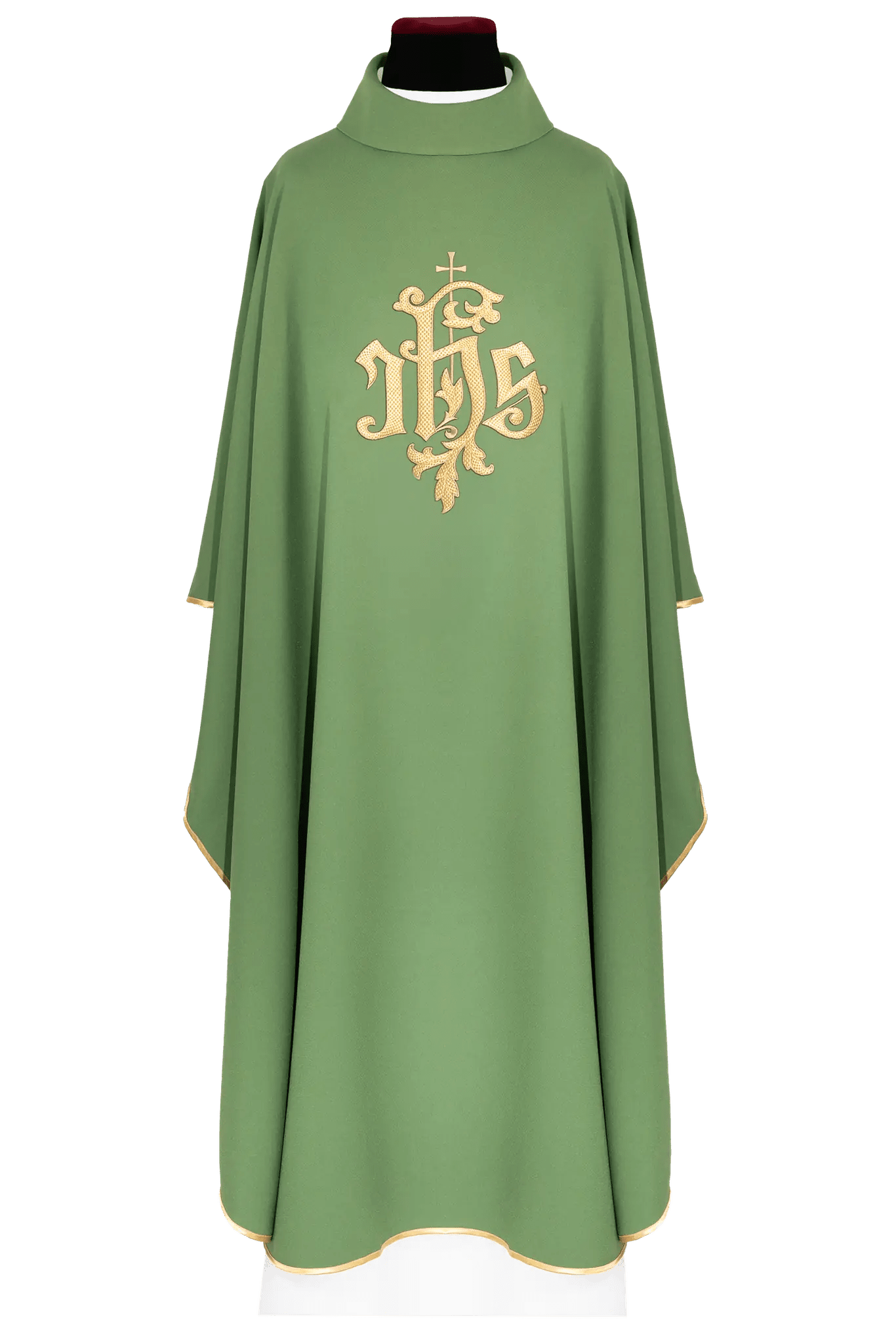 Green chasuble with gold IHS embroidery