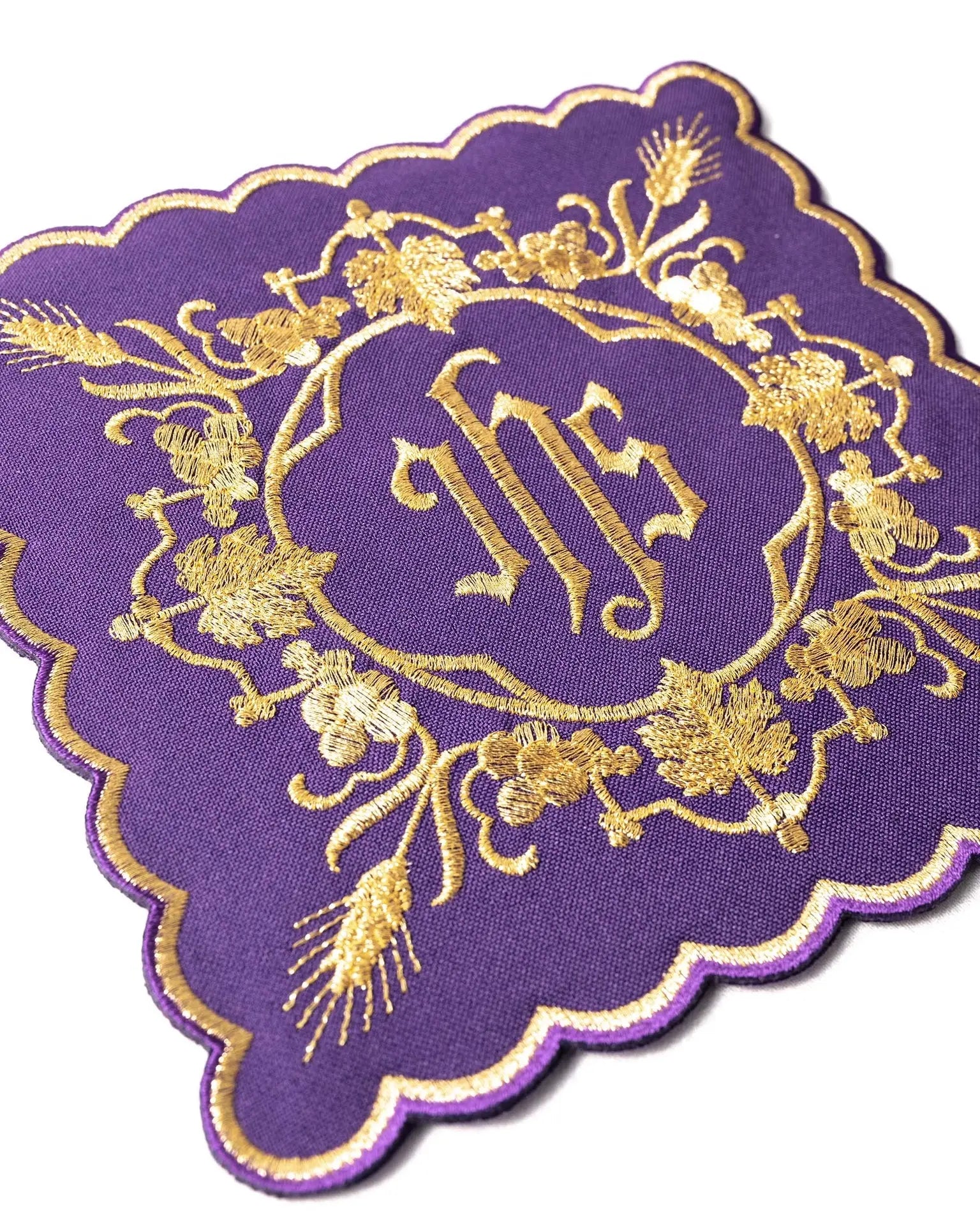 Purple embroidered chalice linens set with IHS motif
