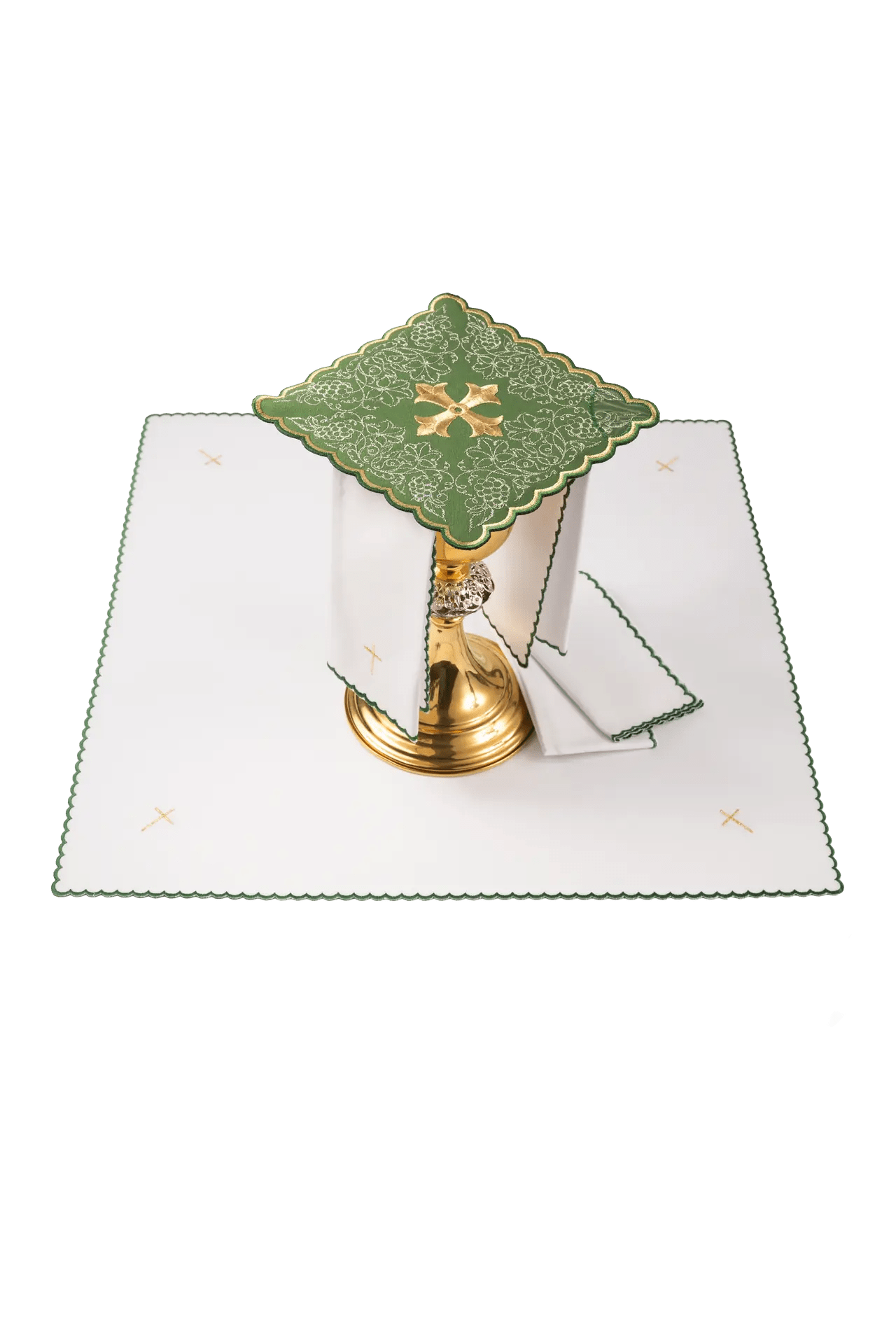 Green embroidered chalice linens set with cross motif