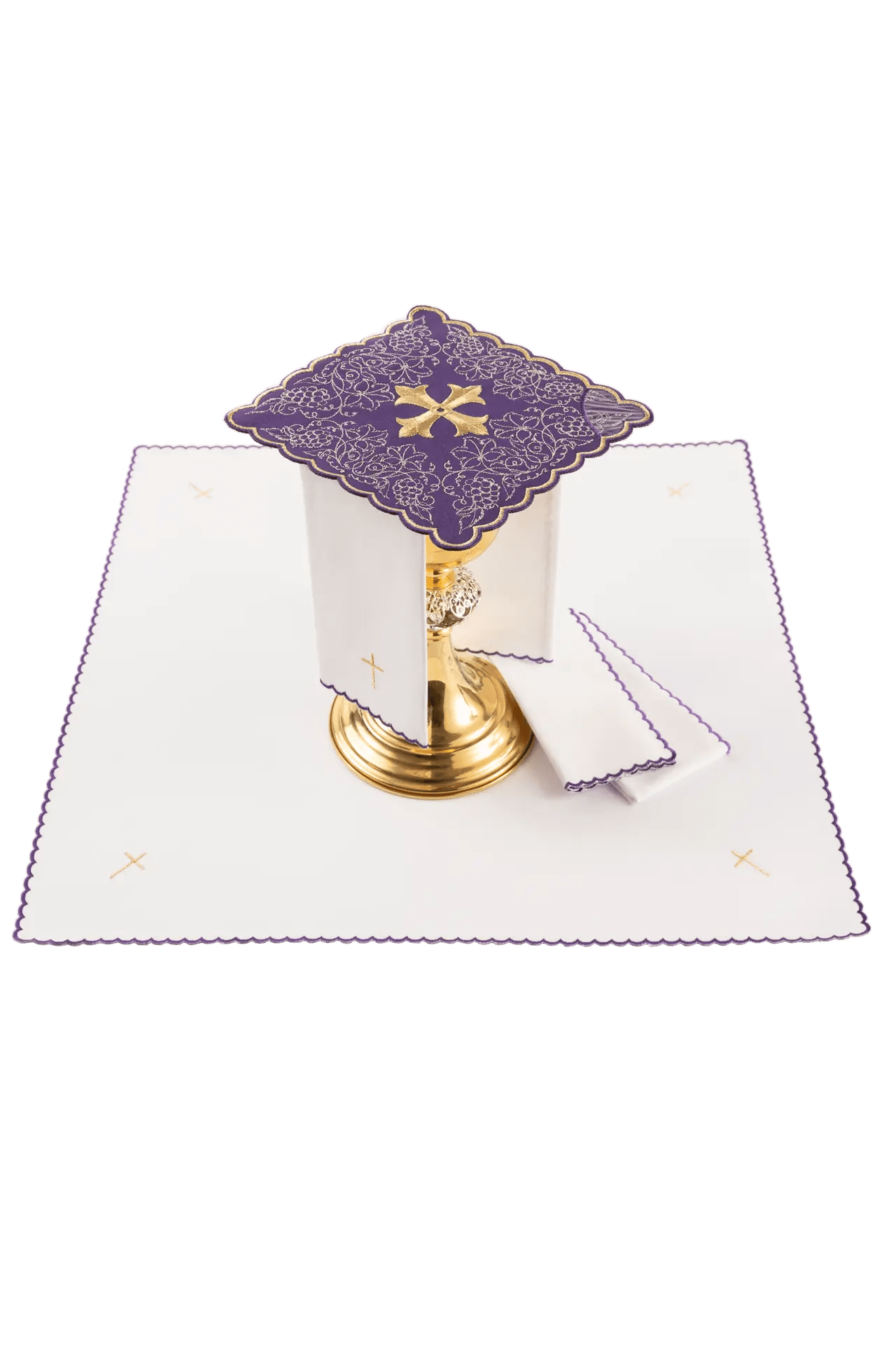 Purple embroidered chalice linens set with cross motif