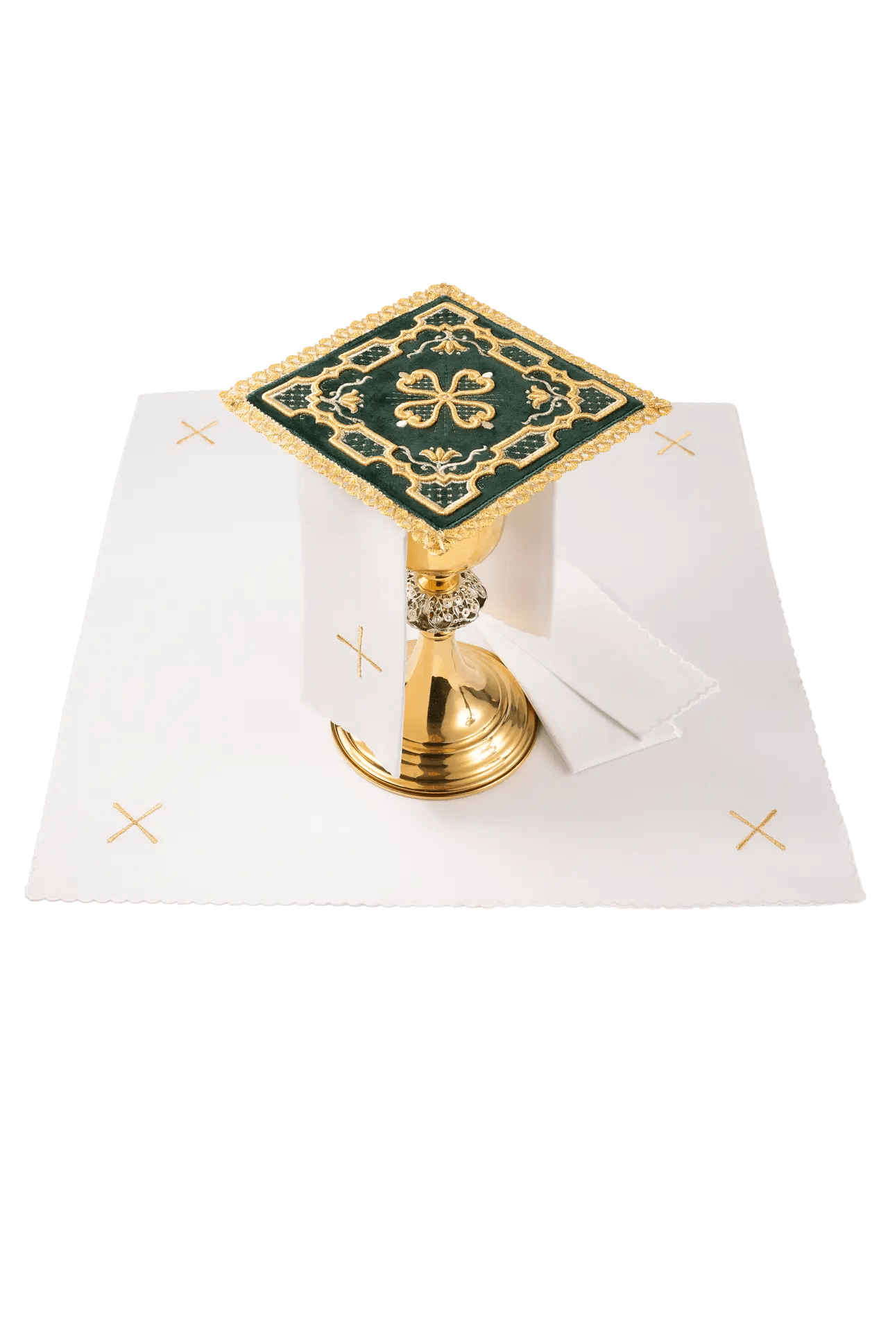 Embroidered chalice linens set green velvet