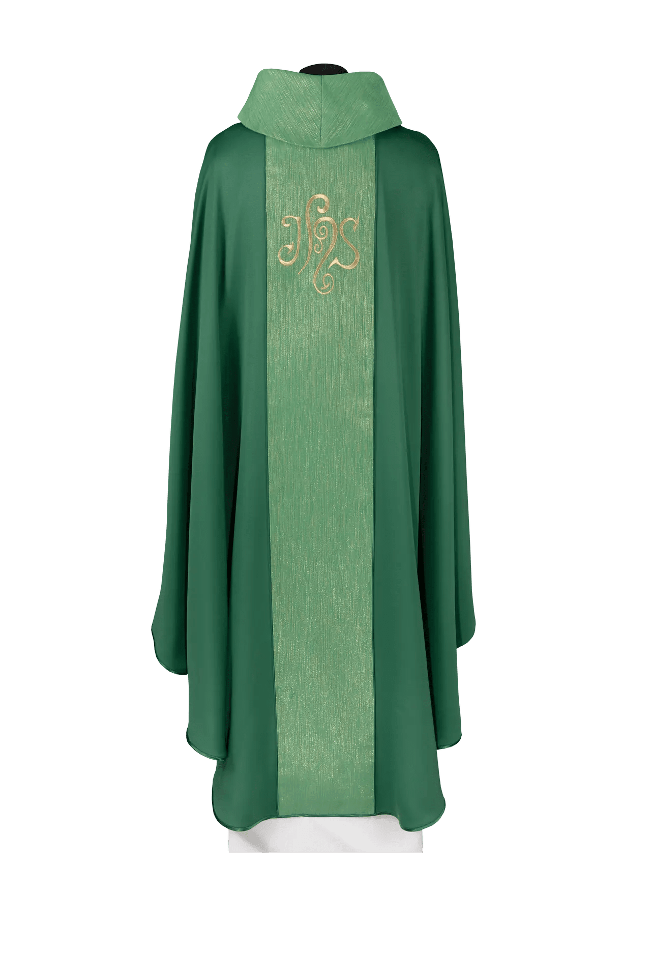 Green chasuble is decorated with a band and an embroidered IHS symbol