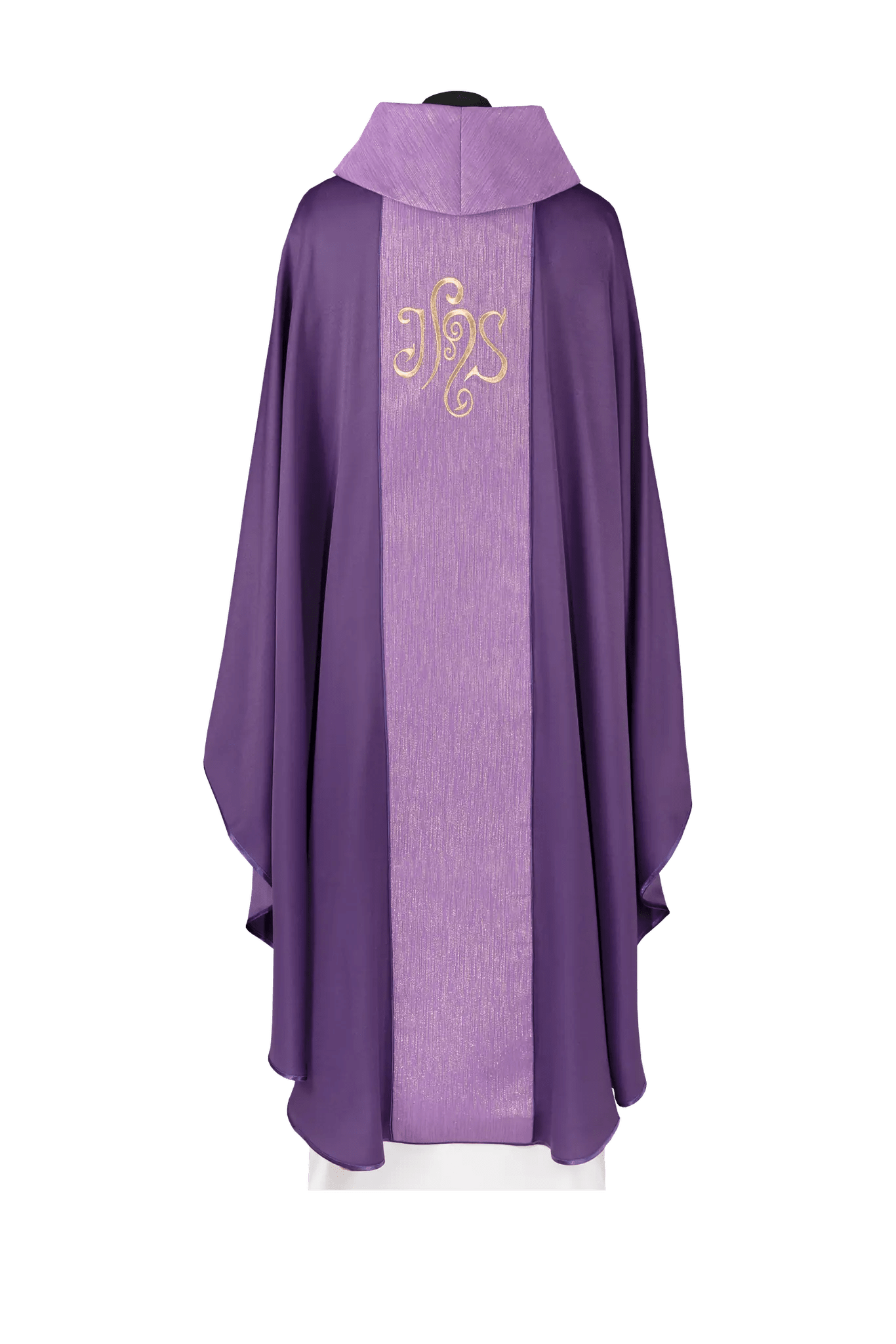 Purple chasuble decorated with a band and IHS embroidery
