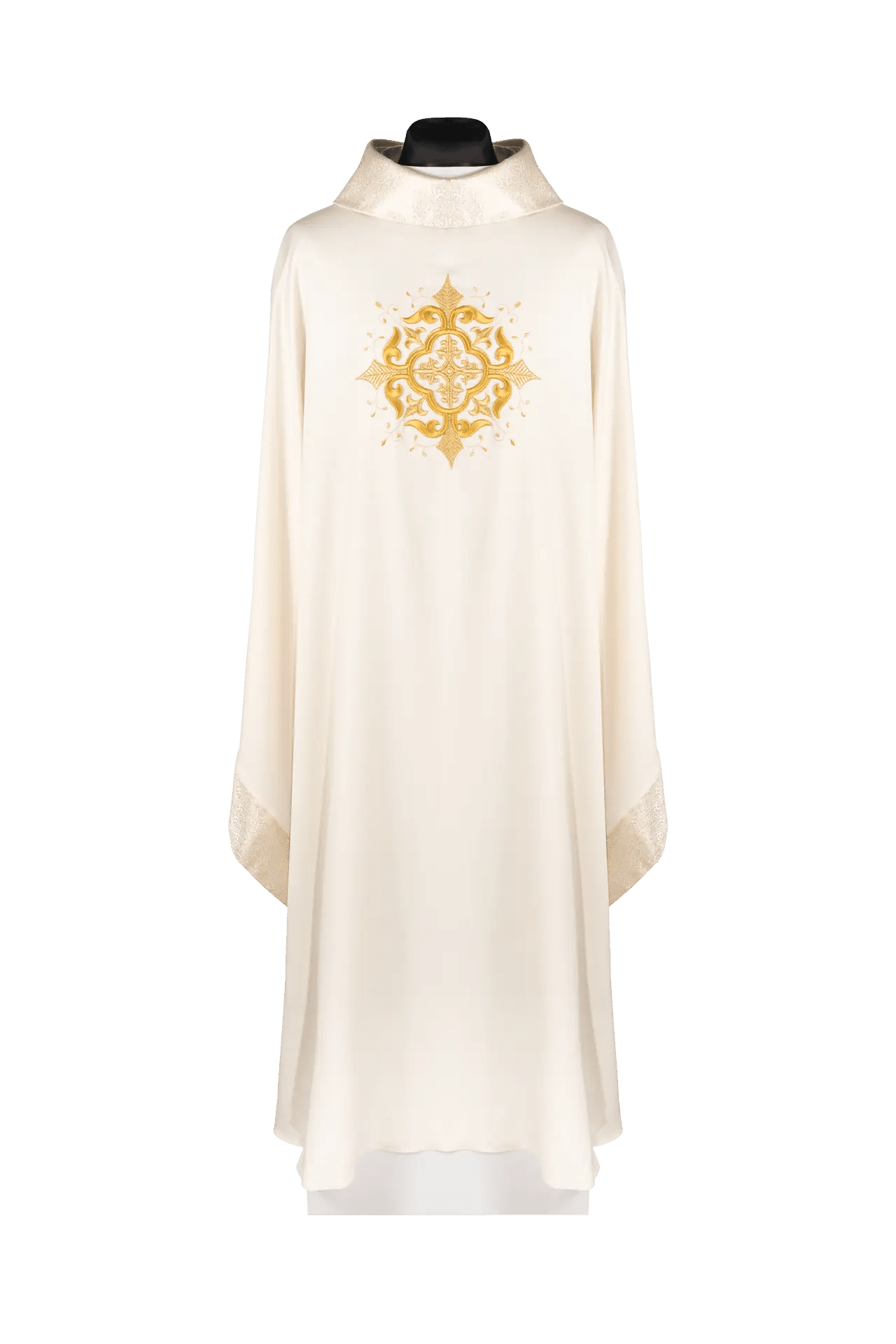 Liturgical chasuble with an embroidered cross motif and elaborate ecru trim