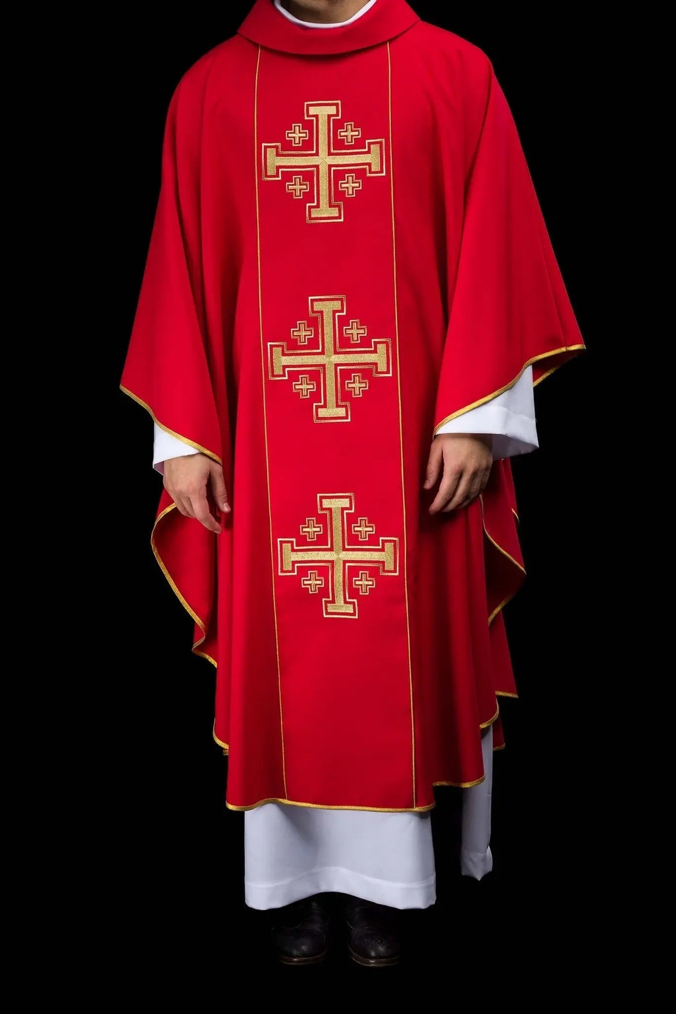 Red embroidered chasuble with band and Jerusalem crosses