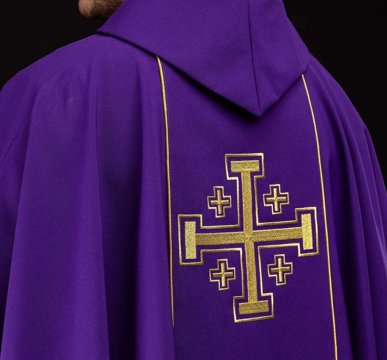 Purple embroidered chasuble with band and Jerusalem crosses