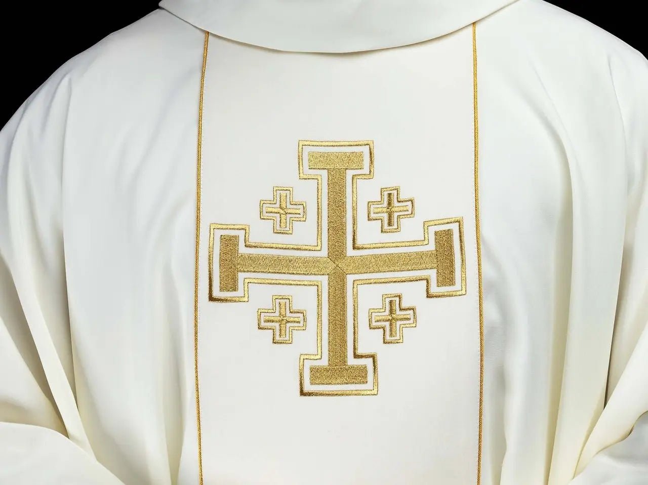 Ecru embroidered chasuble with band and Jerusalem crosses