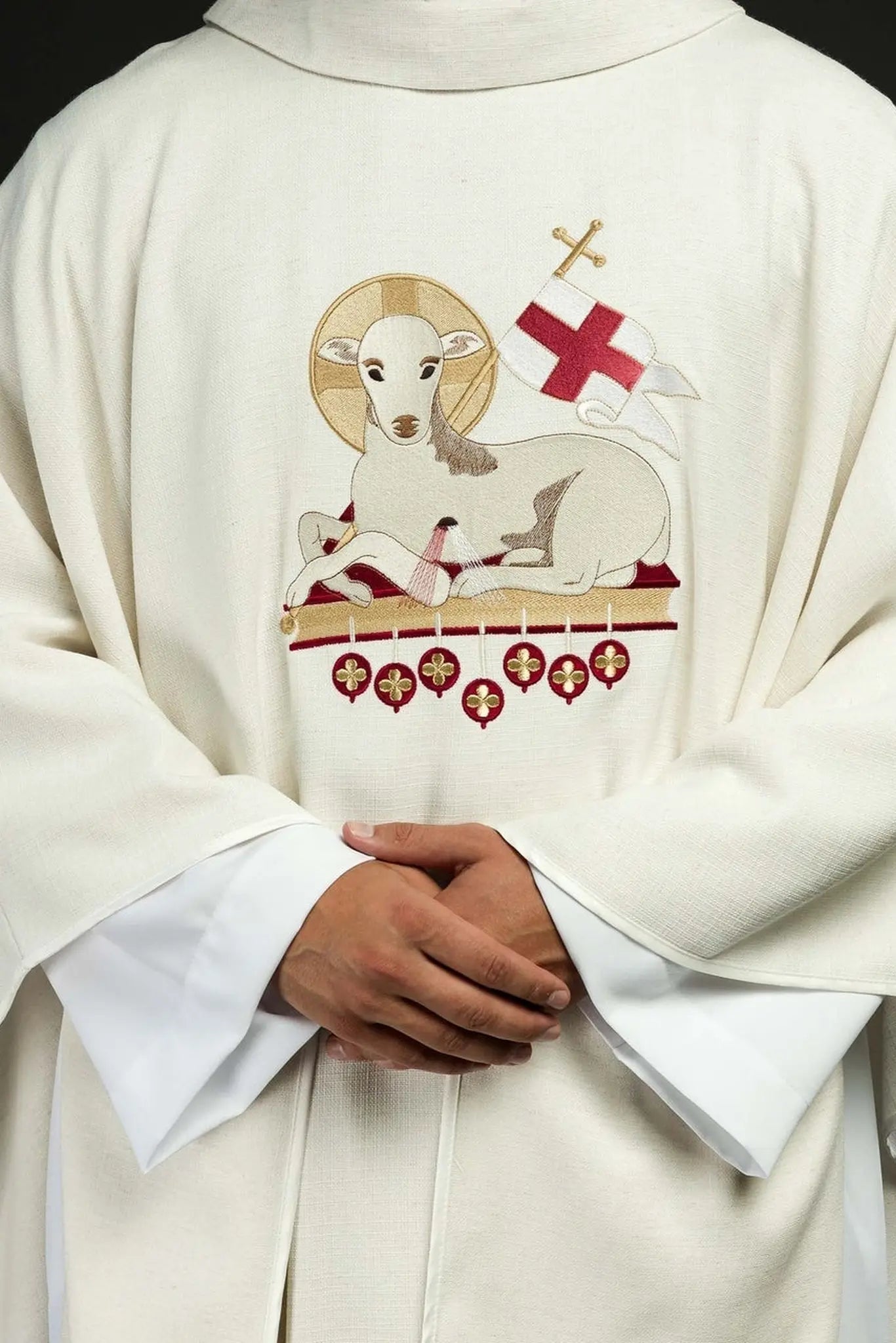 Easter chasuble sewn from natural fabric with an embroidered lamb