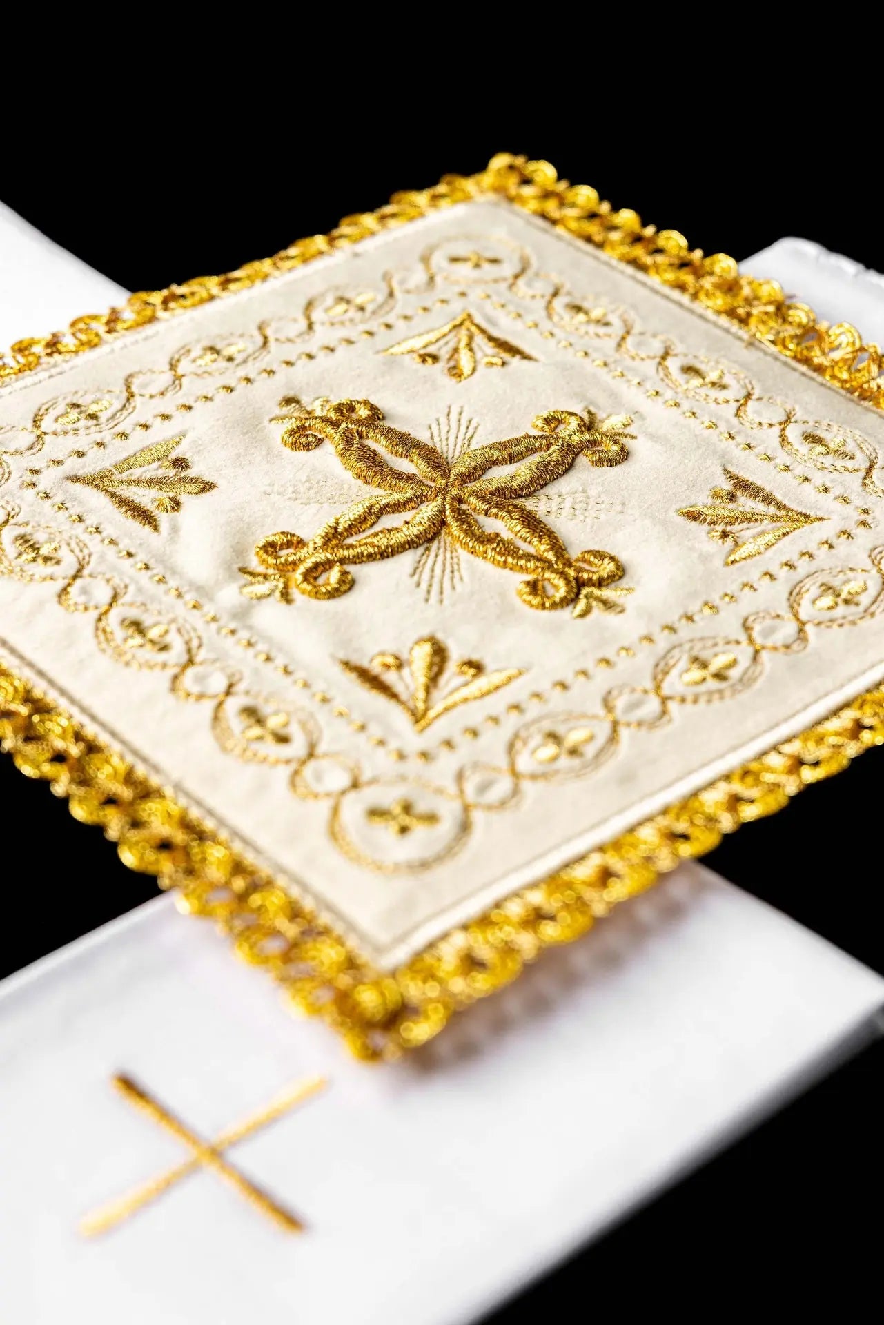 Ecru velvet chalice lingerie with cross motif
