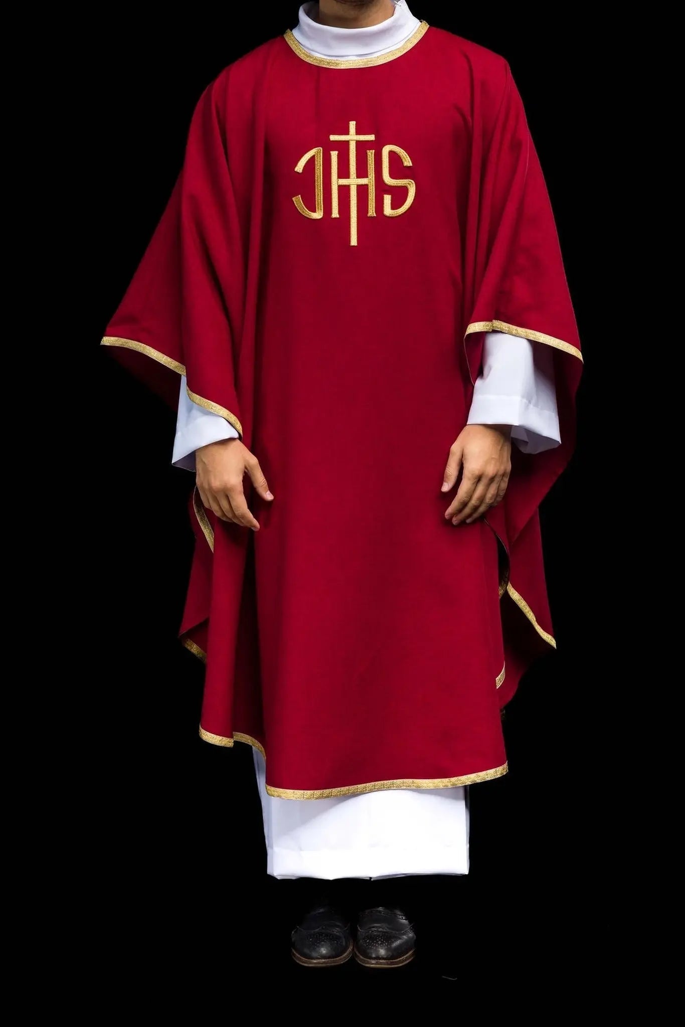 Red Liturgical Chasuble with Gold IHS Embroidery