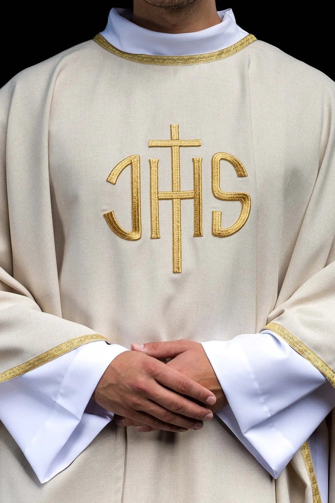 Ecru Liturgical Chasuble with Gold IHS Embroidery