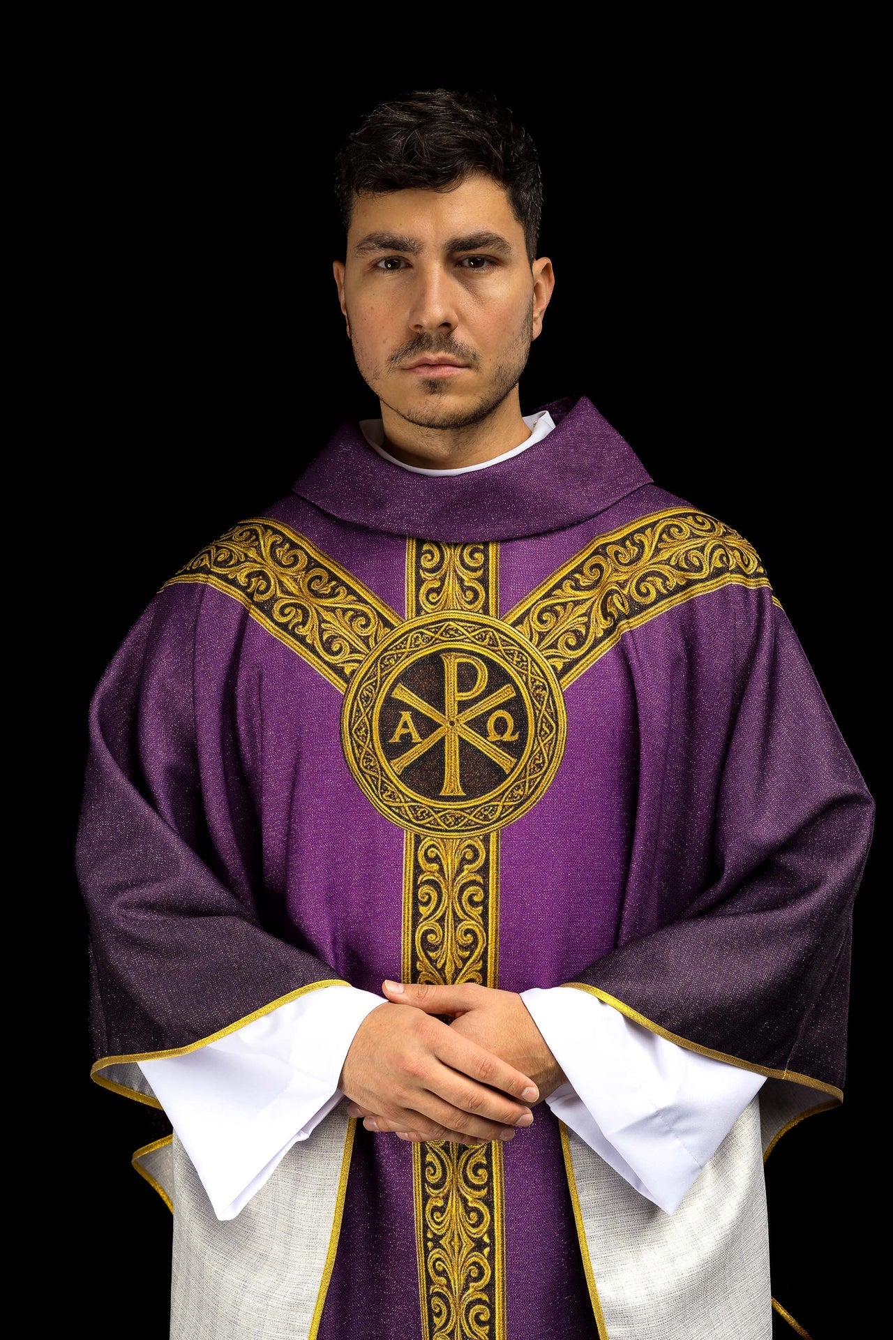 Ornat drukowany Pax fioletowy z bogatym złotym zdobieniem - ORNATY.PL