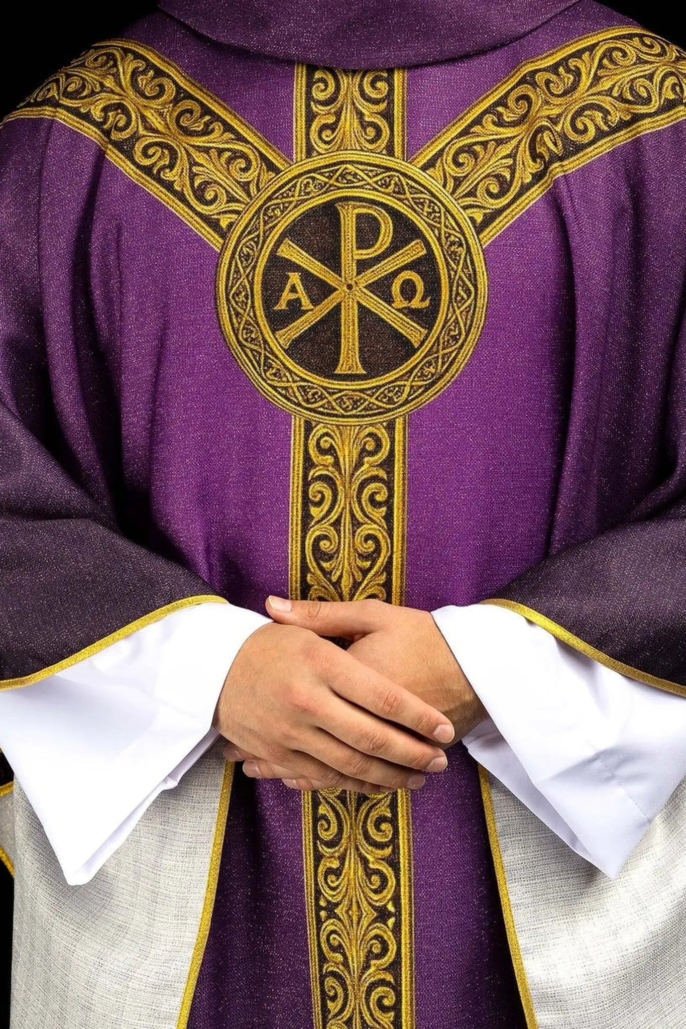 Purple printed “Pax” chasuble with rich gold decoration