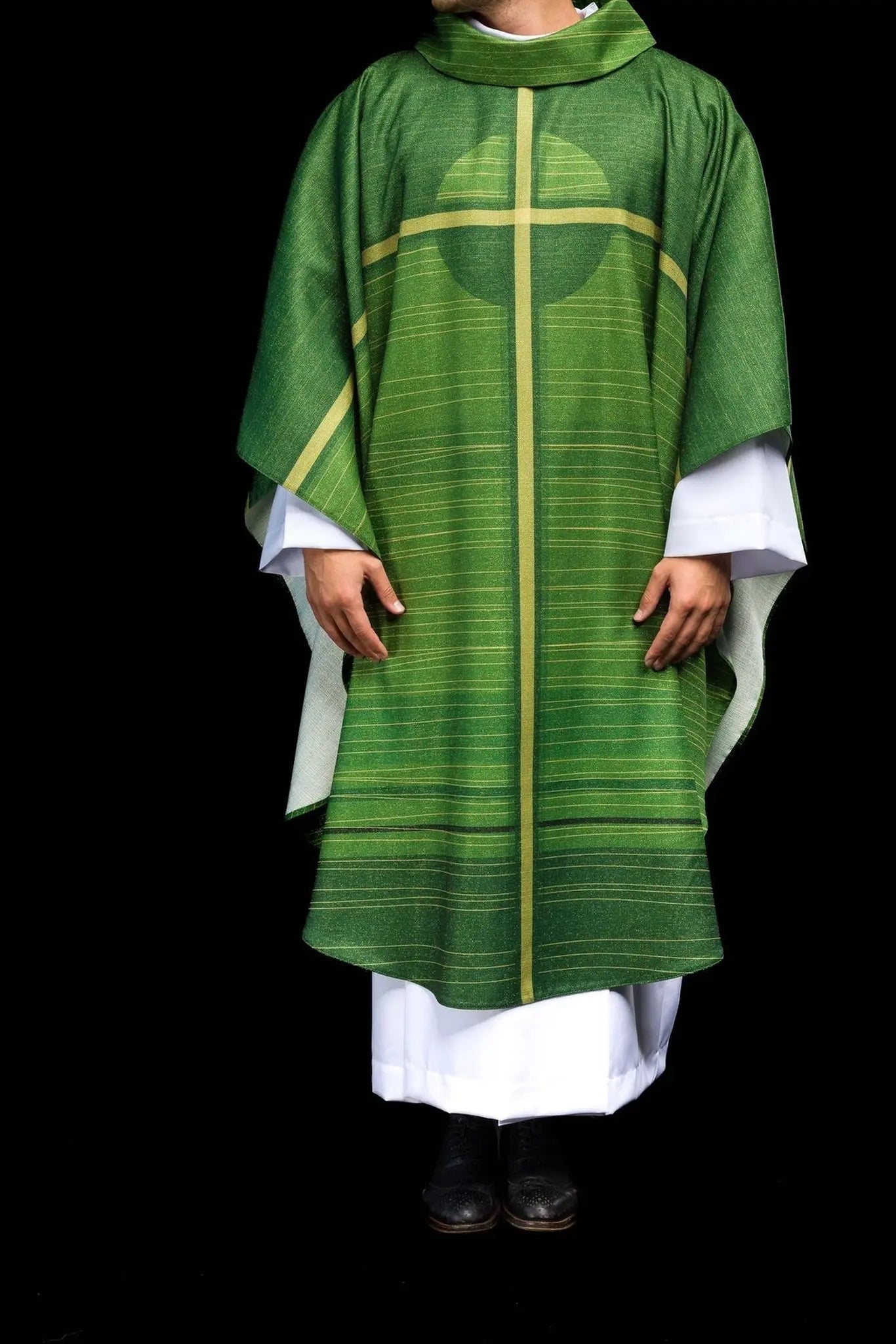 Green printed chasuble with a cross motif
