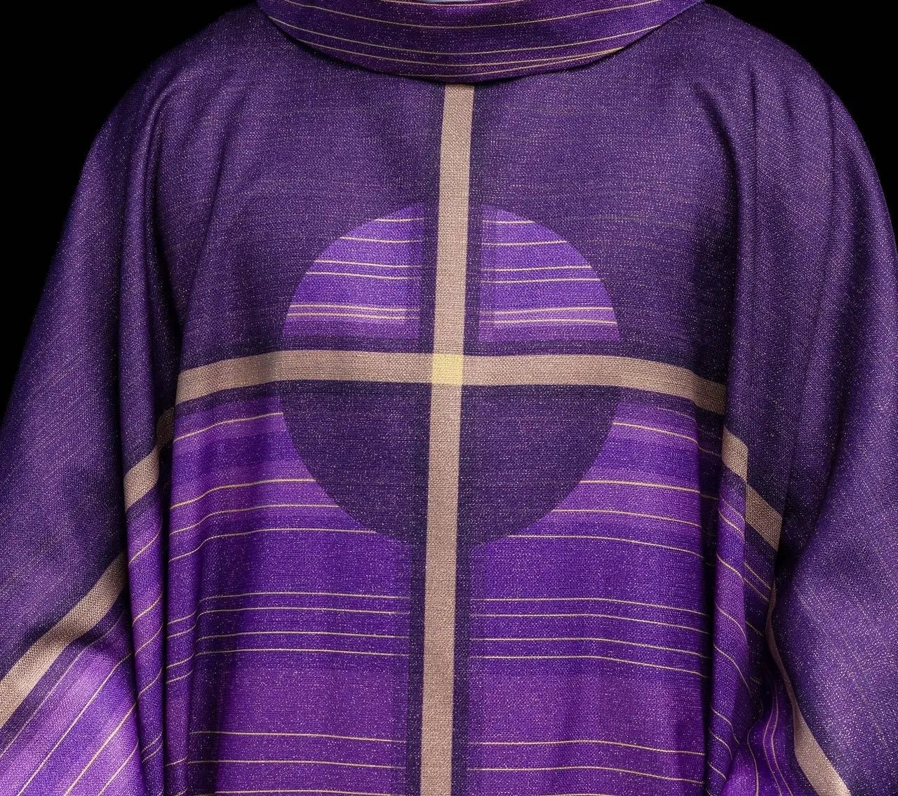 Purple printed chasuble with a cross motif