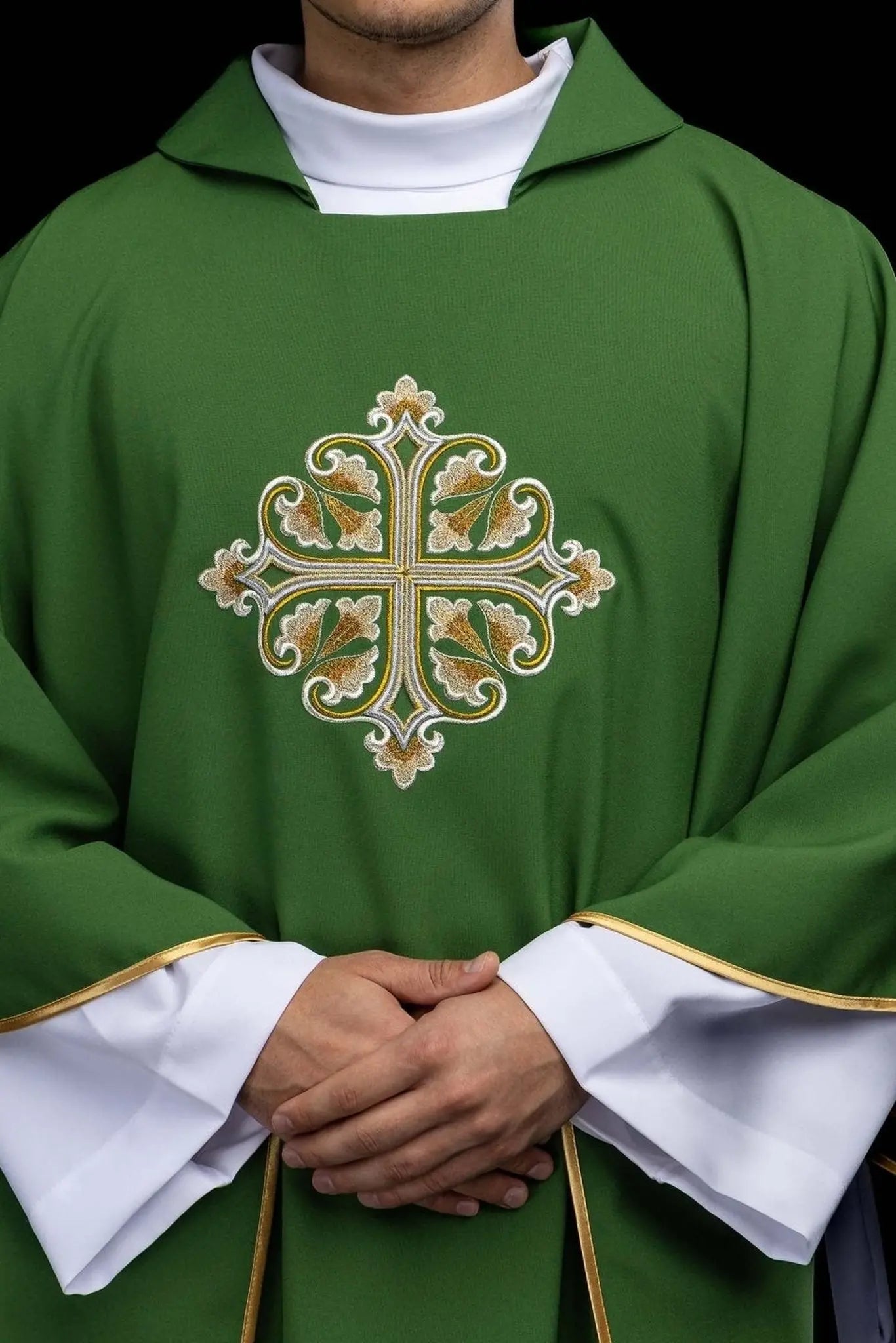 Green Embroidered Chasuble with Ornamental Cross and Wide Collar