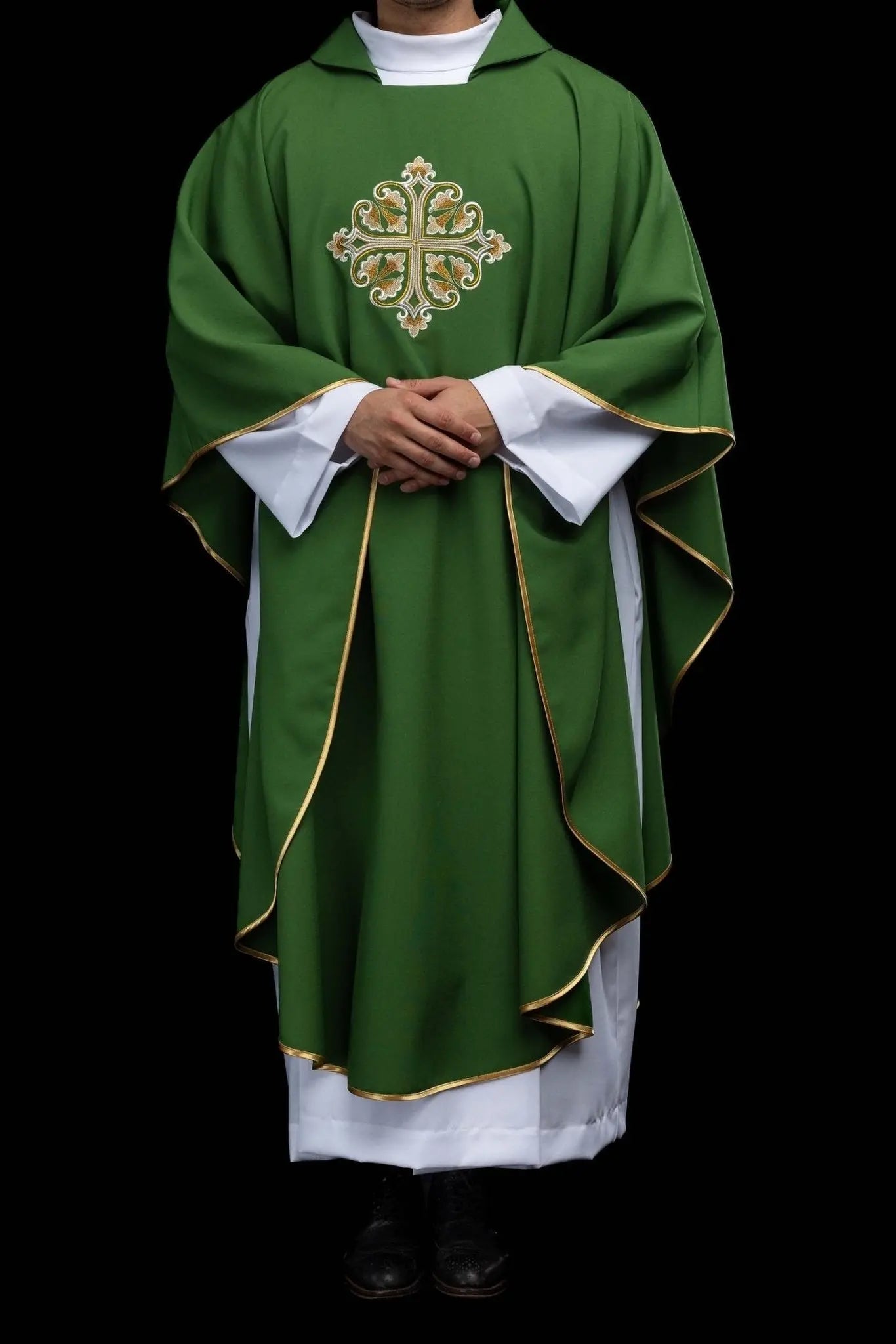 Green Embroidered Chasuble with Ornamental Cross and Wide Collar