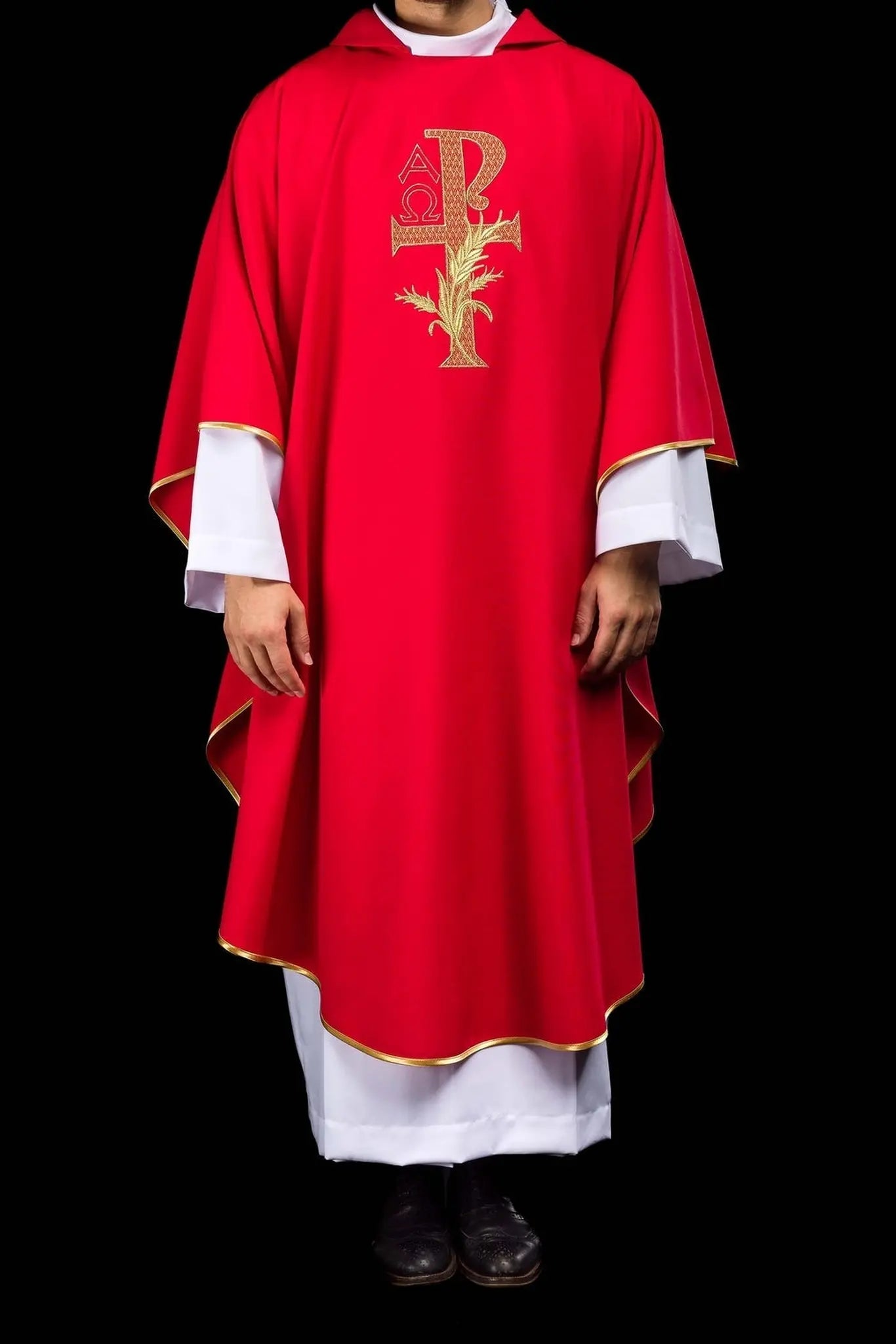 Embroidered chasuble with the Alpha and Omega symbol and wide collar red