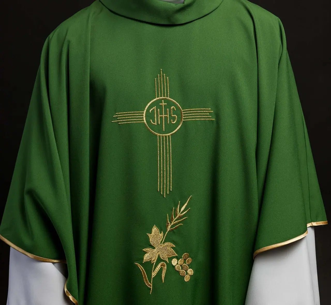 Green chasuble embroidered with IHS motif