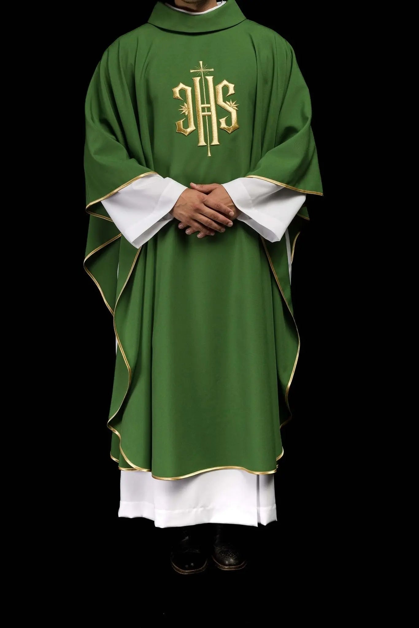 Green embroidered chasuble with gold IHS motif