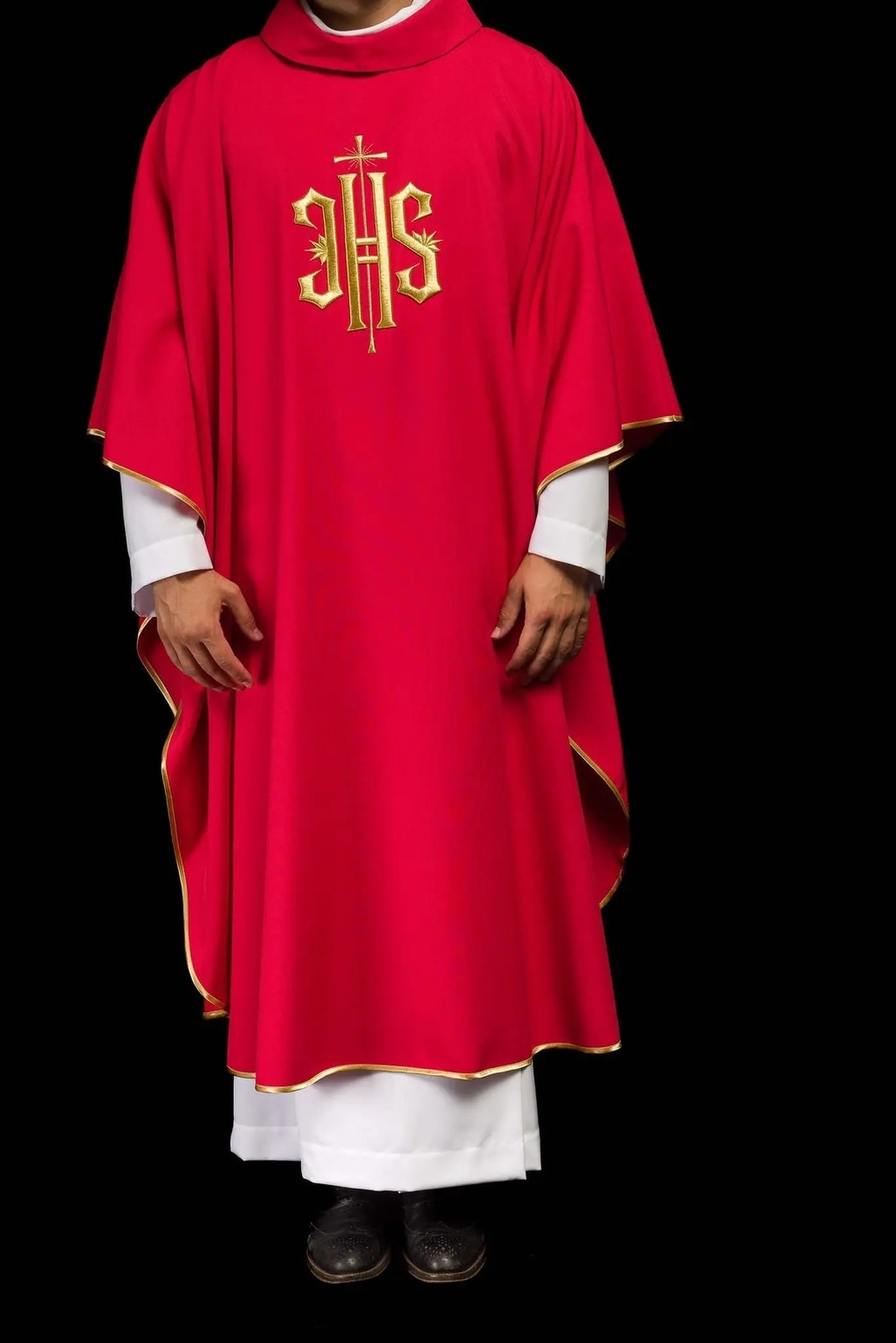Red chasuble embroidered with gold IHS motif