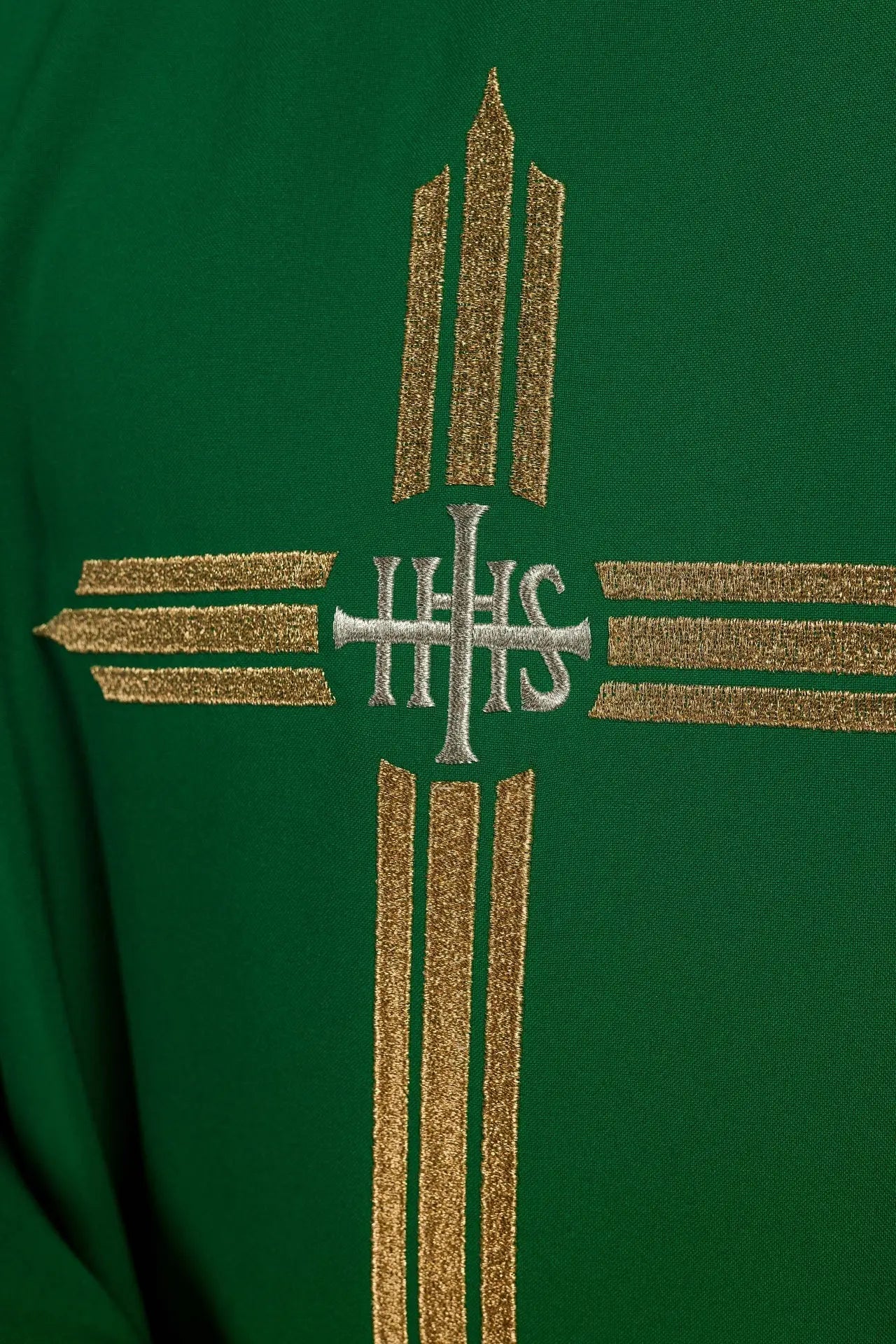 Green embroidered chasuble with IHS Cross