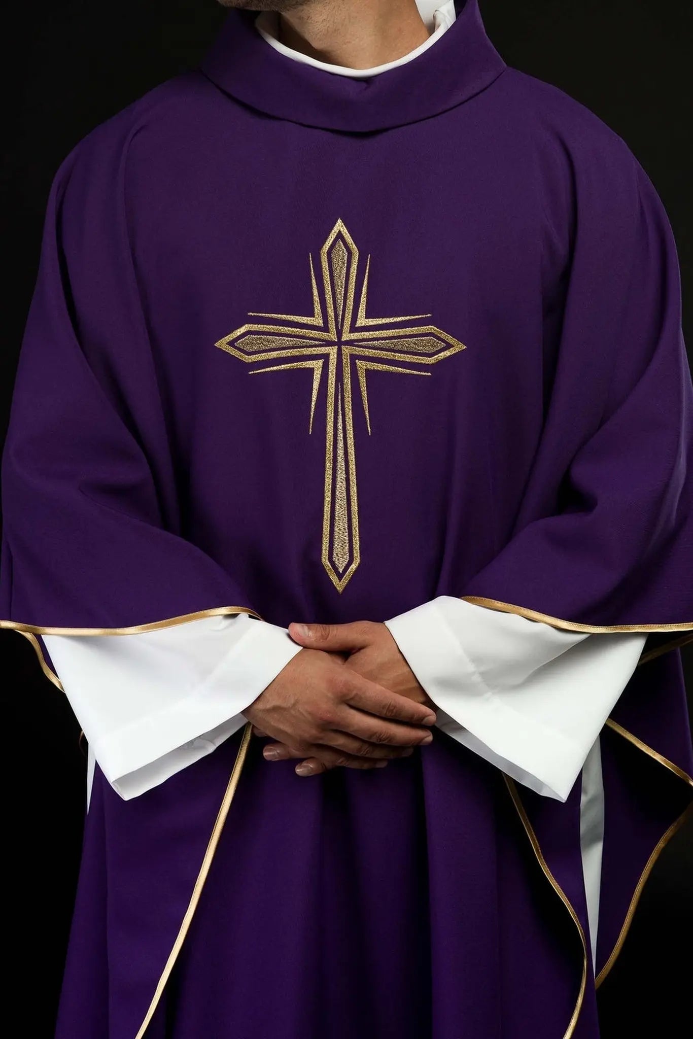 Purple chasuble with embroidery of the cross and gold piping