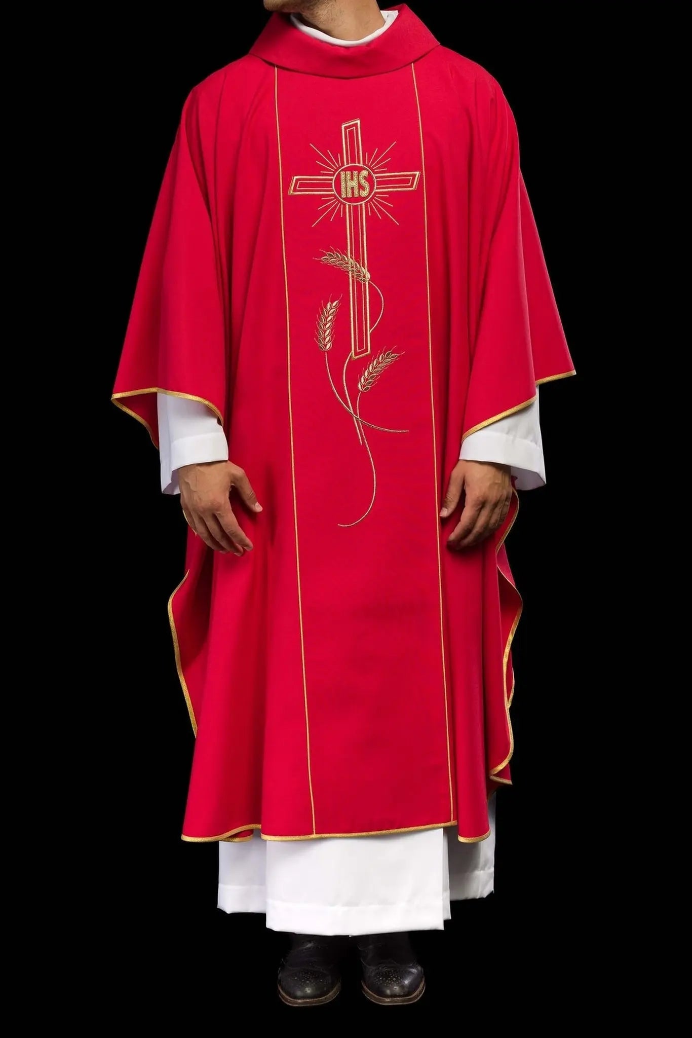 Red chasuble with wide embroidered gold stripe IHS cross