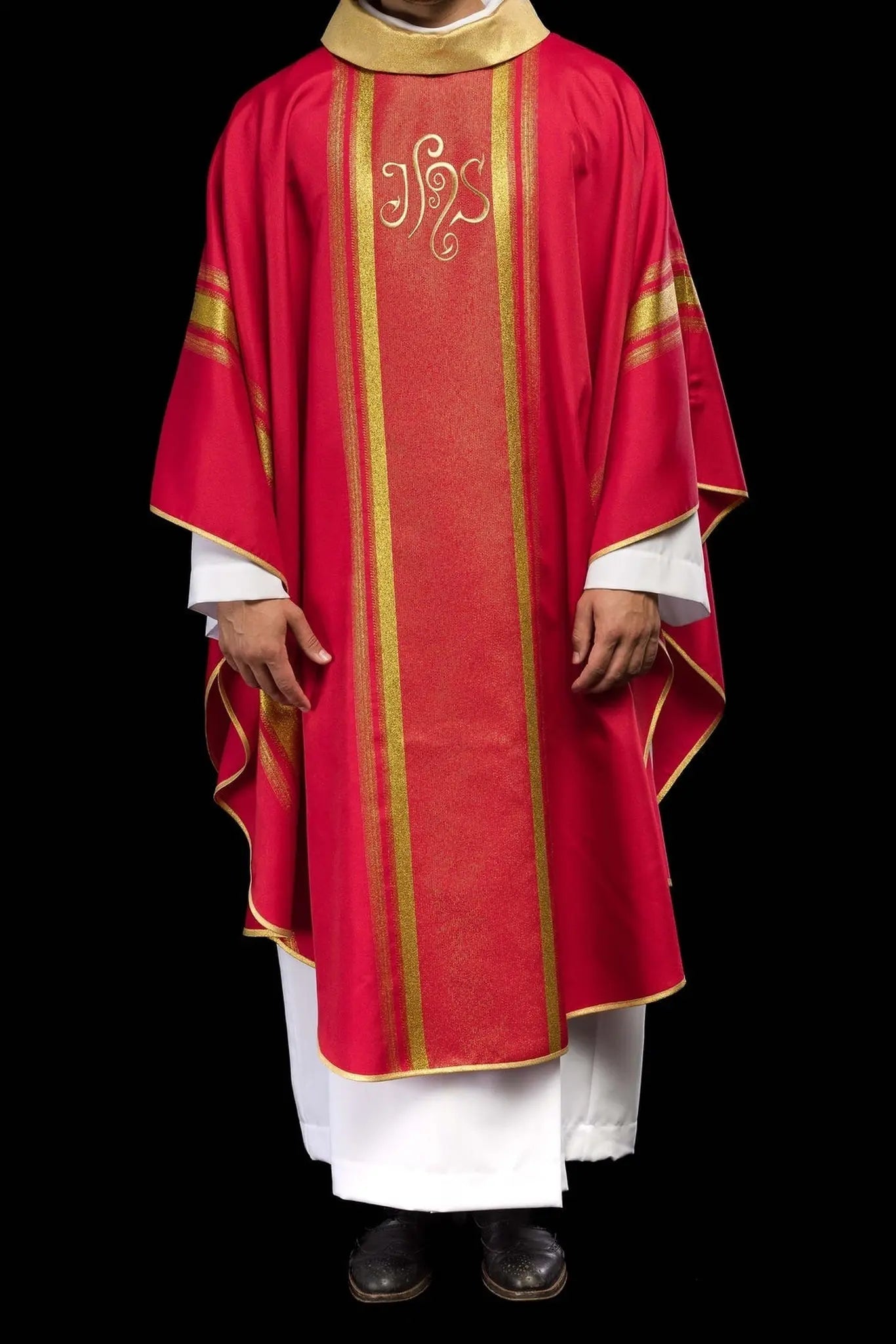 Red embroidered chasuble with IHS design with gilding