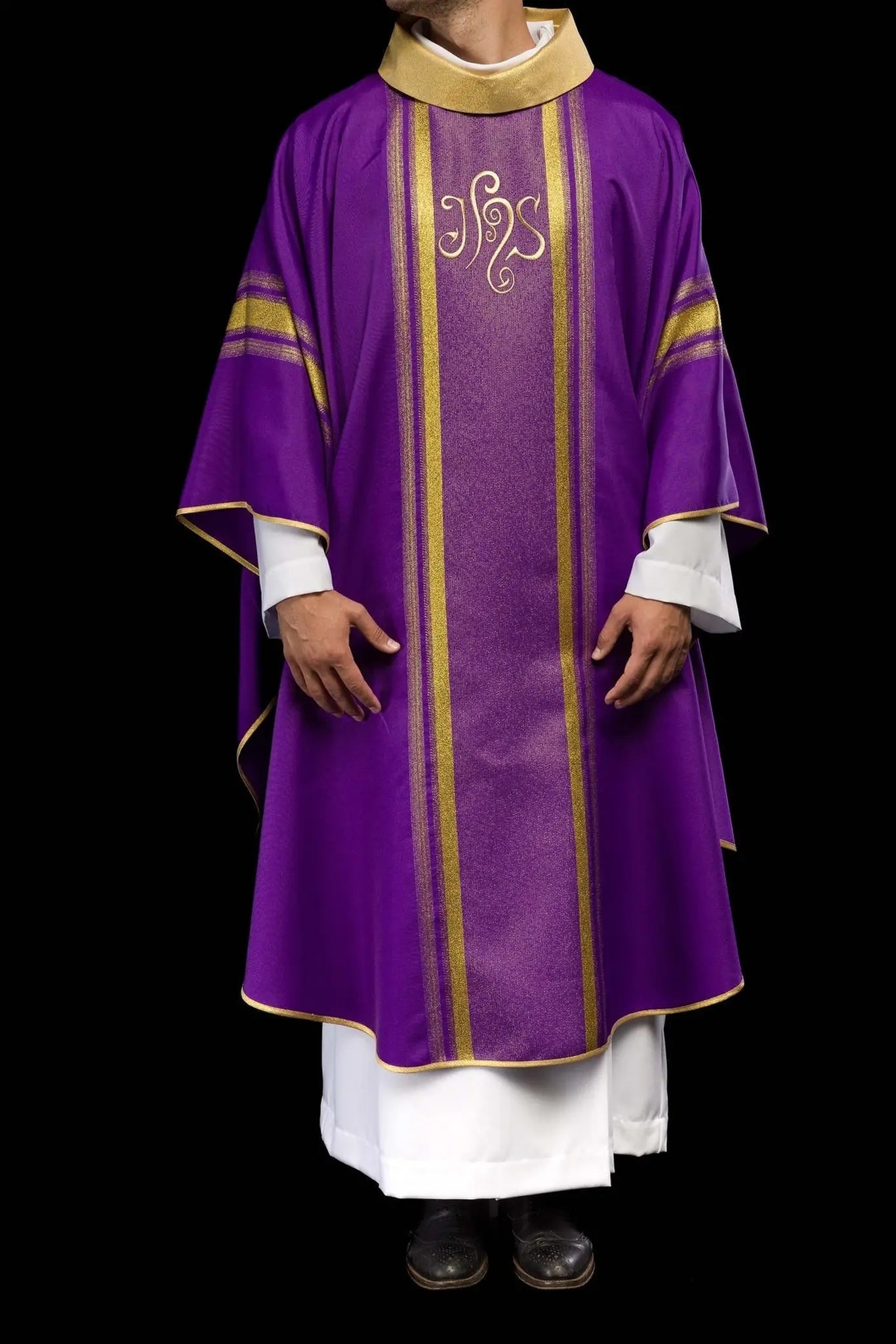 Purple embroidered chasuble with IHS design with gilding