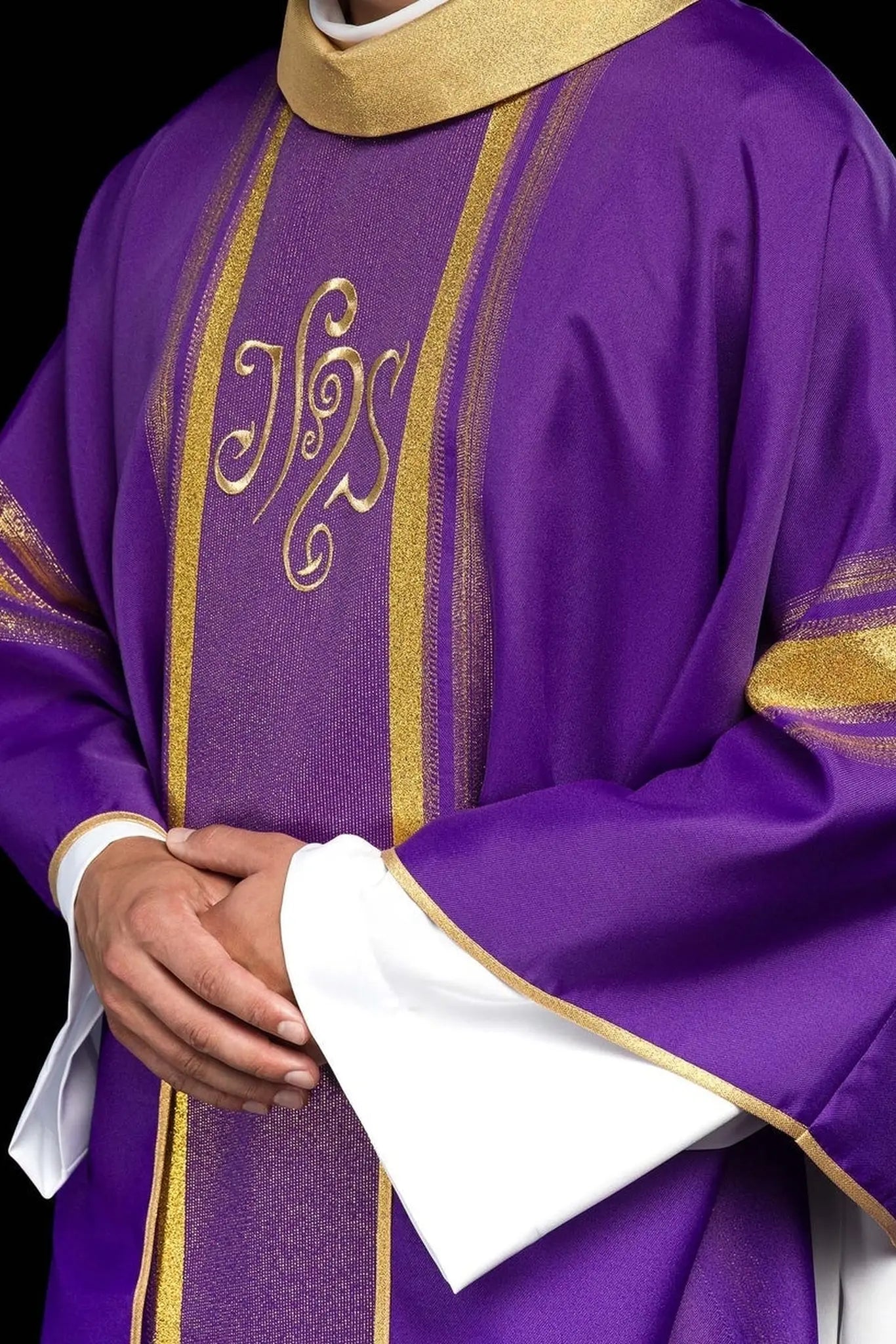Purple embroidered chasuble with IHS design with gilding