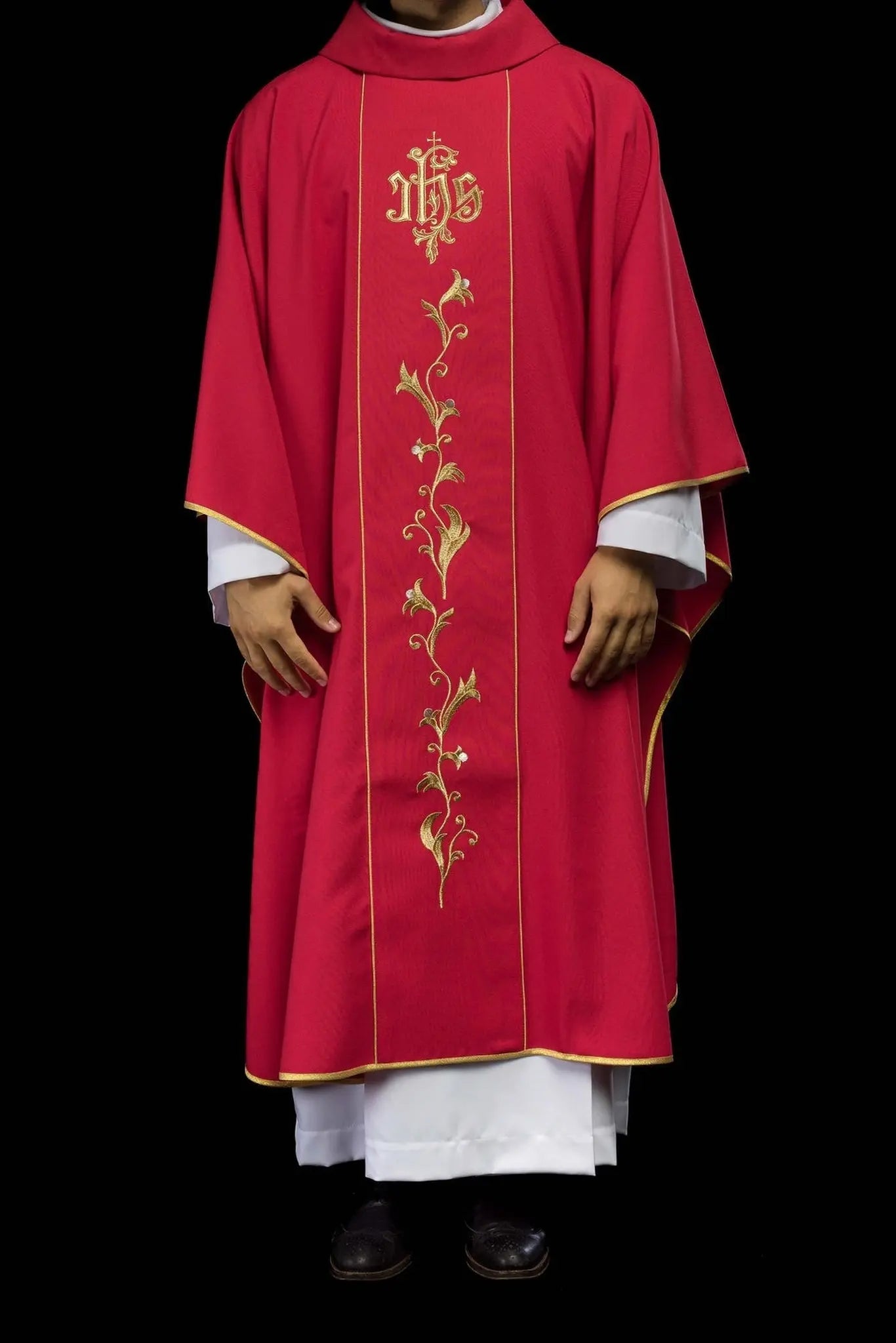 Red IHS embroidered chasuble with ornaments