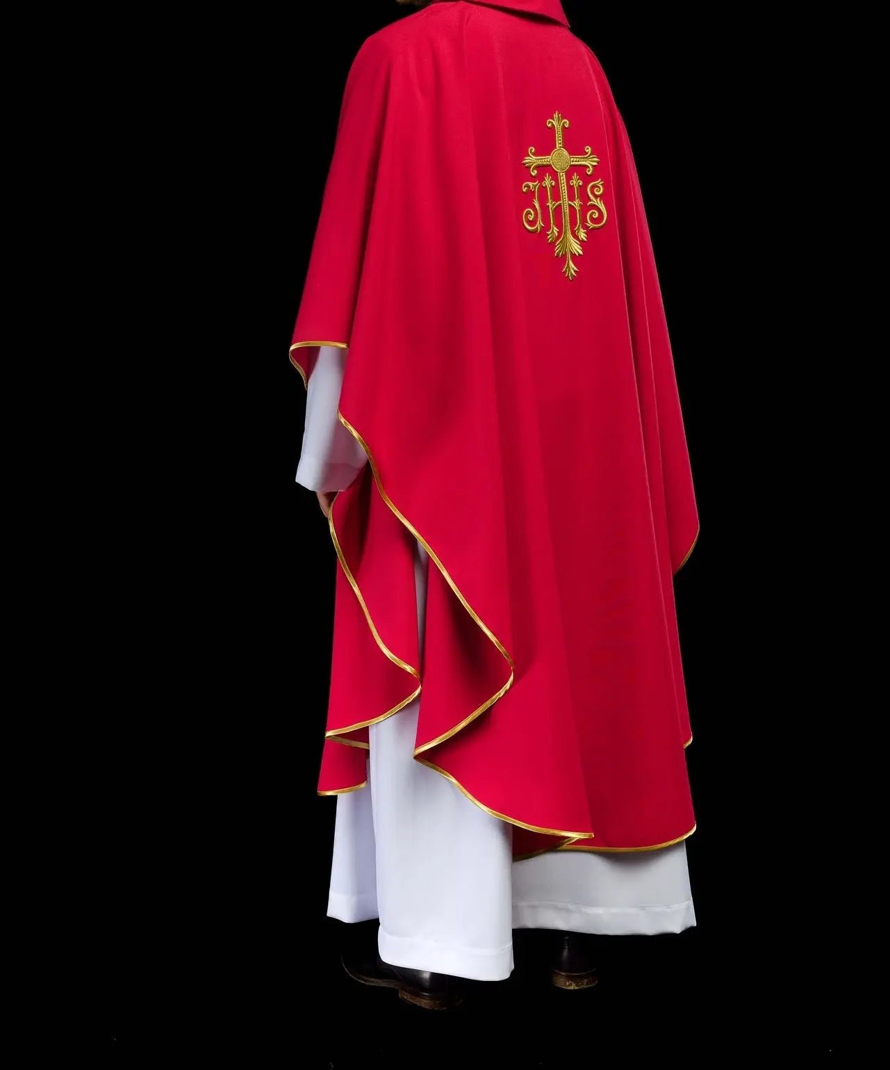 Embroidered red chasuble with JHS symbol